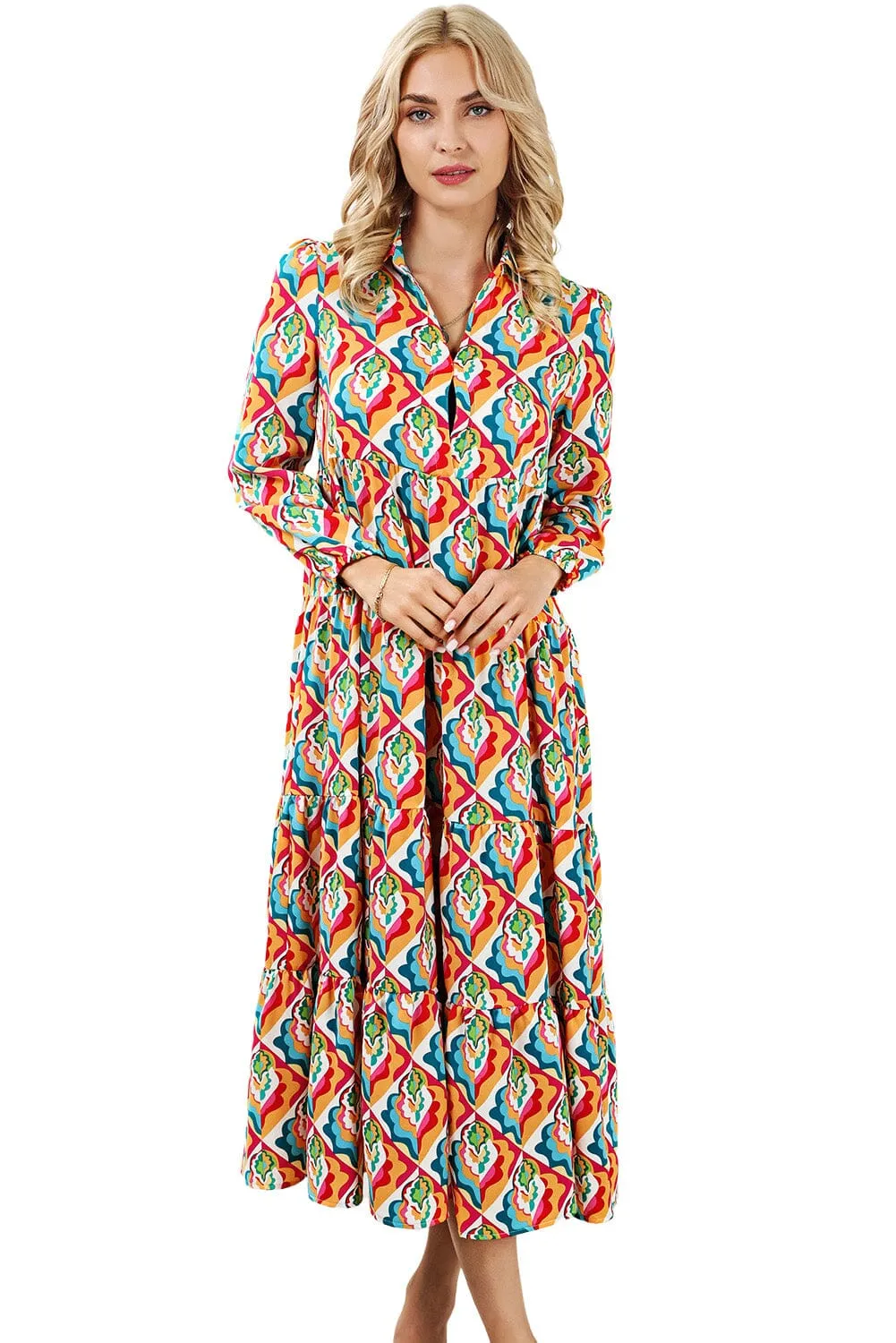 KaleaBoutique Stylish Abstract Geometric Print Long Sleeve High Waist Dress