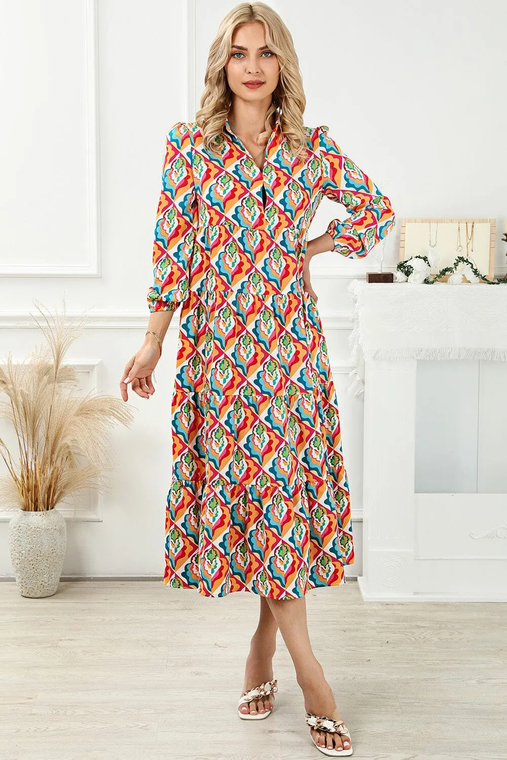 KaleaBoutique Stylish Abstract Geometric Print Long Sleeve High Waist Dress
