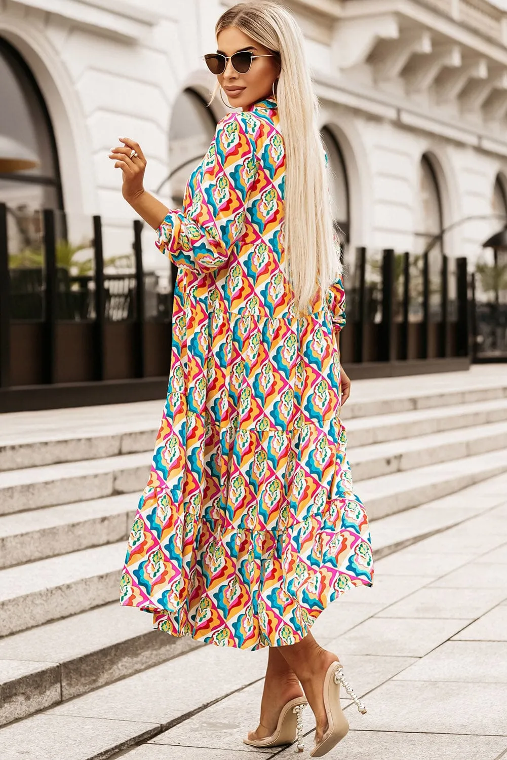 KaleaBoutique Stylish Abstract Geometric Print Long Sleeve High Waist Dress