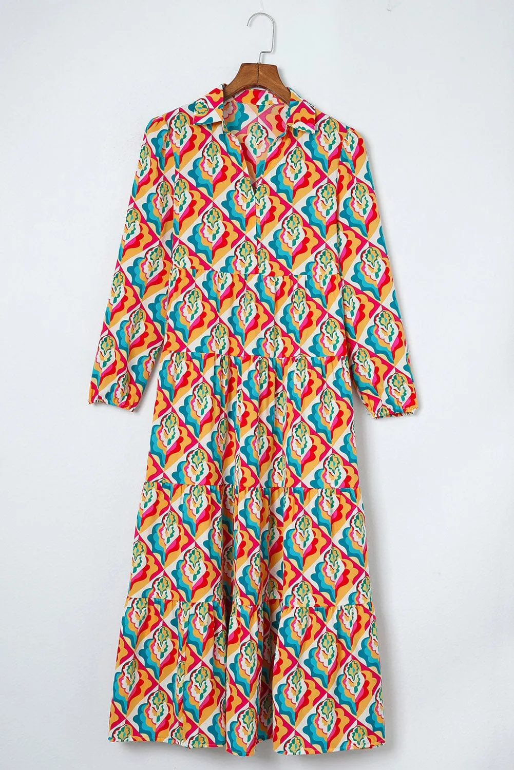 KaleaBoutique Stylish Abstract Geometric Print Long Sleeve High Waist Dress