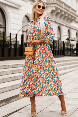 KaleaBoutique Stylish Abstract Geometric Print Long Sleeve High Waist Dress