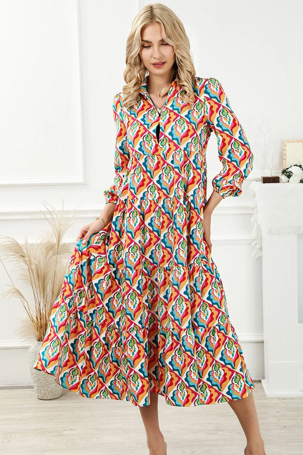 KaleaBoutique Stylish Abstract Geometric Print Long Sleeve High Waist Dress