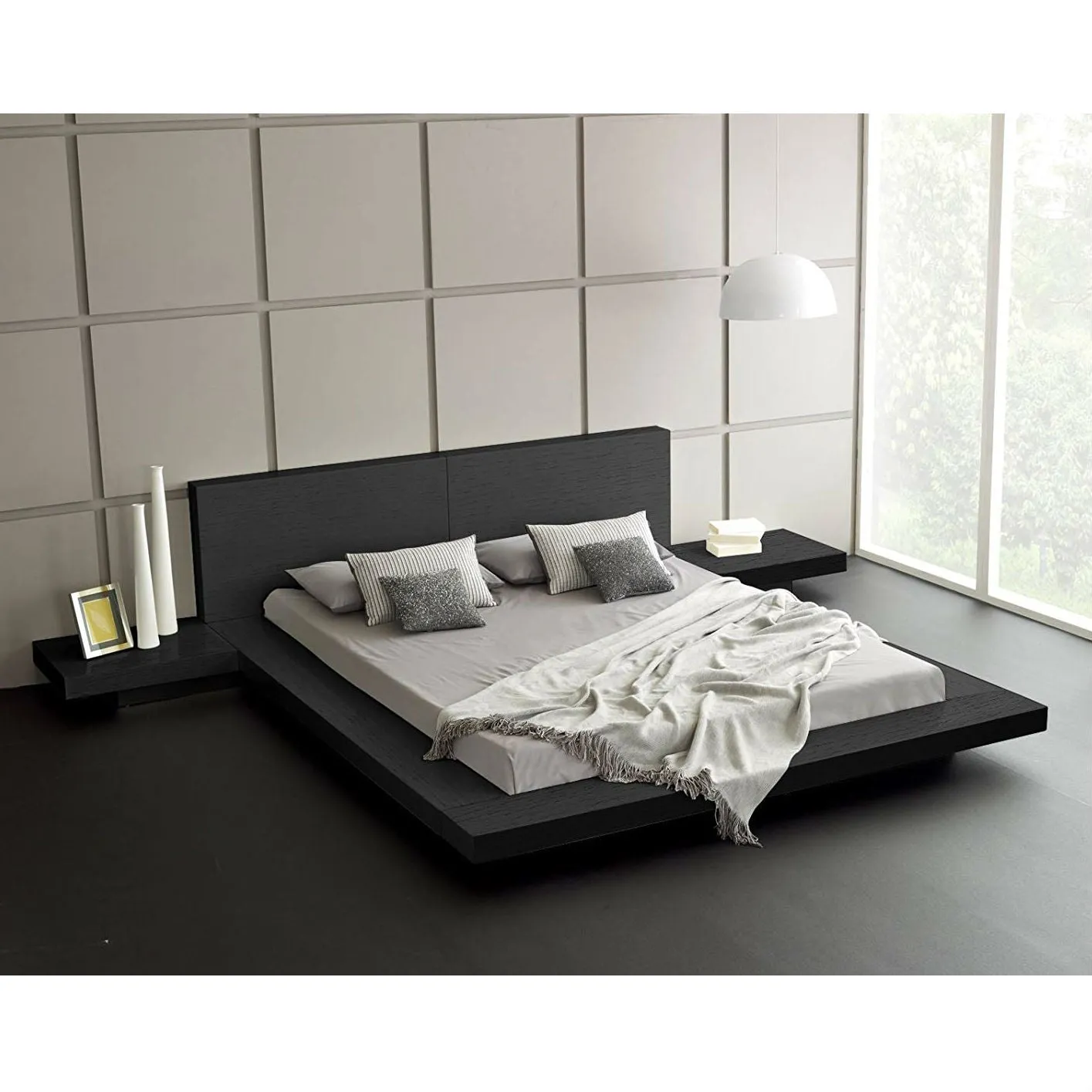 King Modern Platform Bed with Headboard and 2 Nightstand in Ash Black