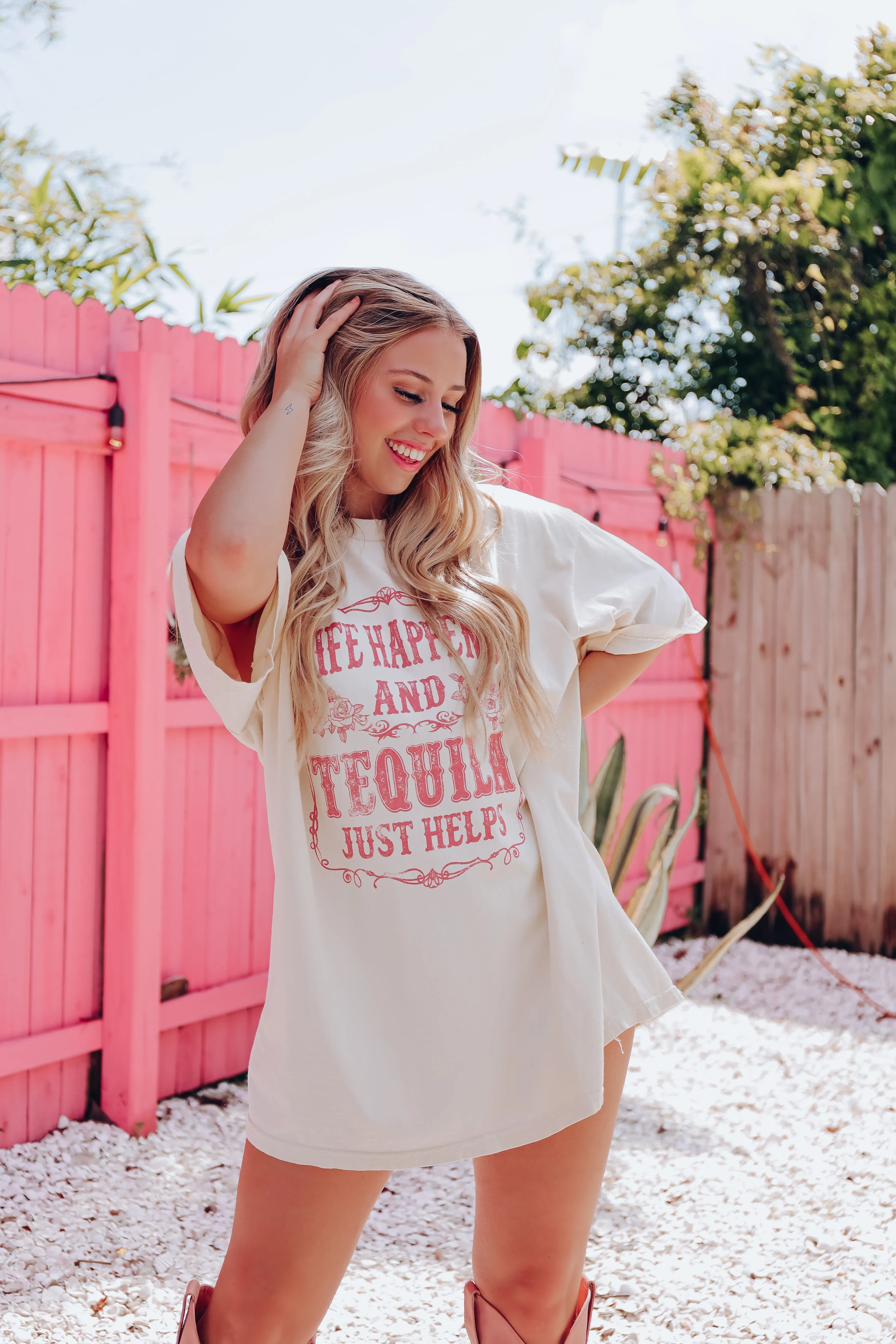 Life Happens And Tequila Just Helps Graphic Tee - Ivory