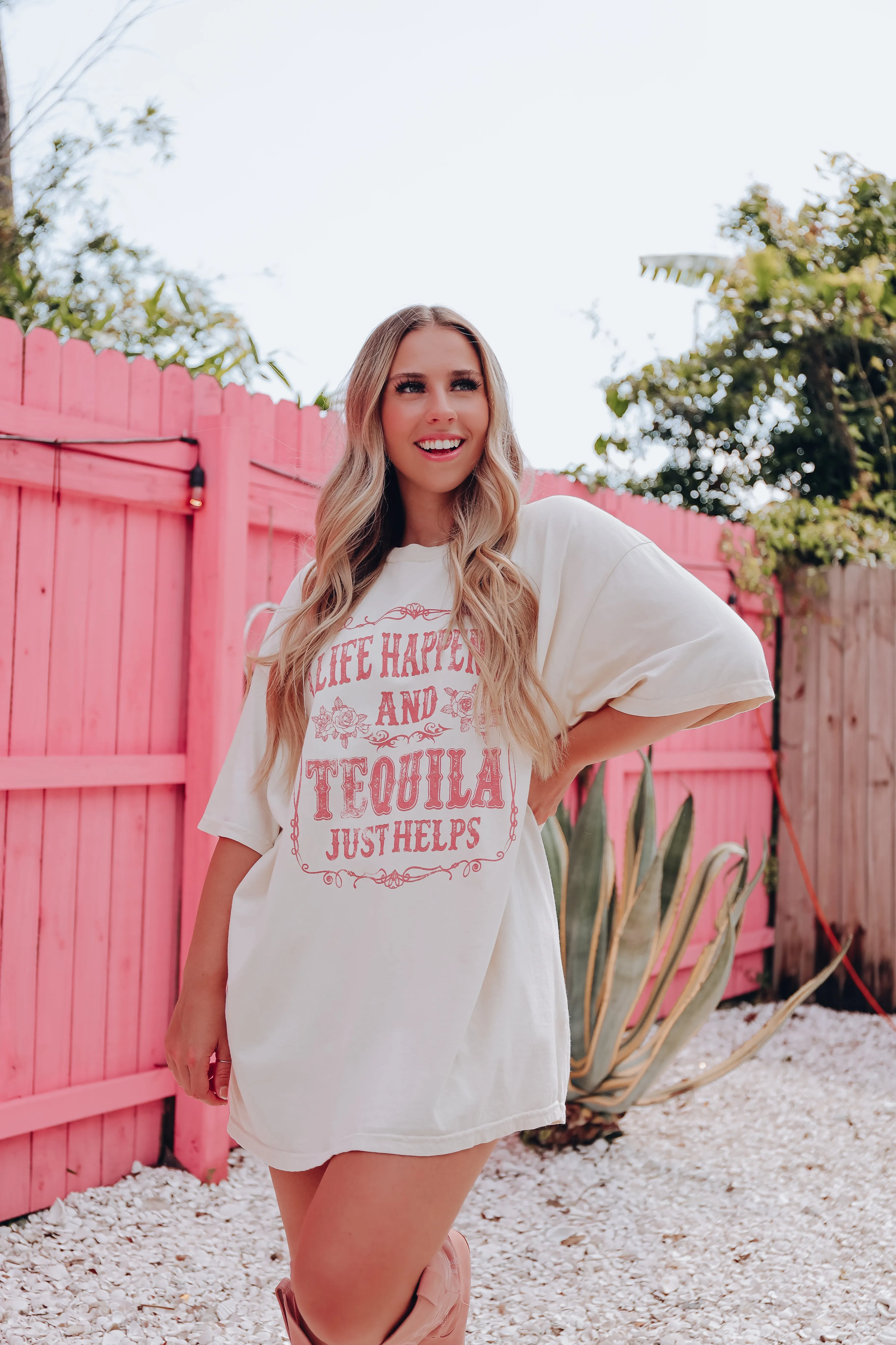 Life Happens And Tequila Just Helps Graphic Tee - Ivory