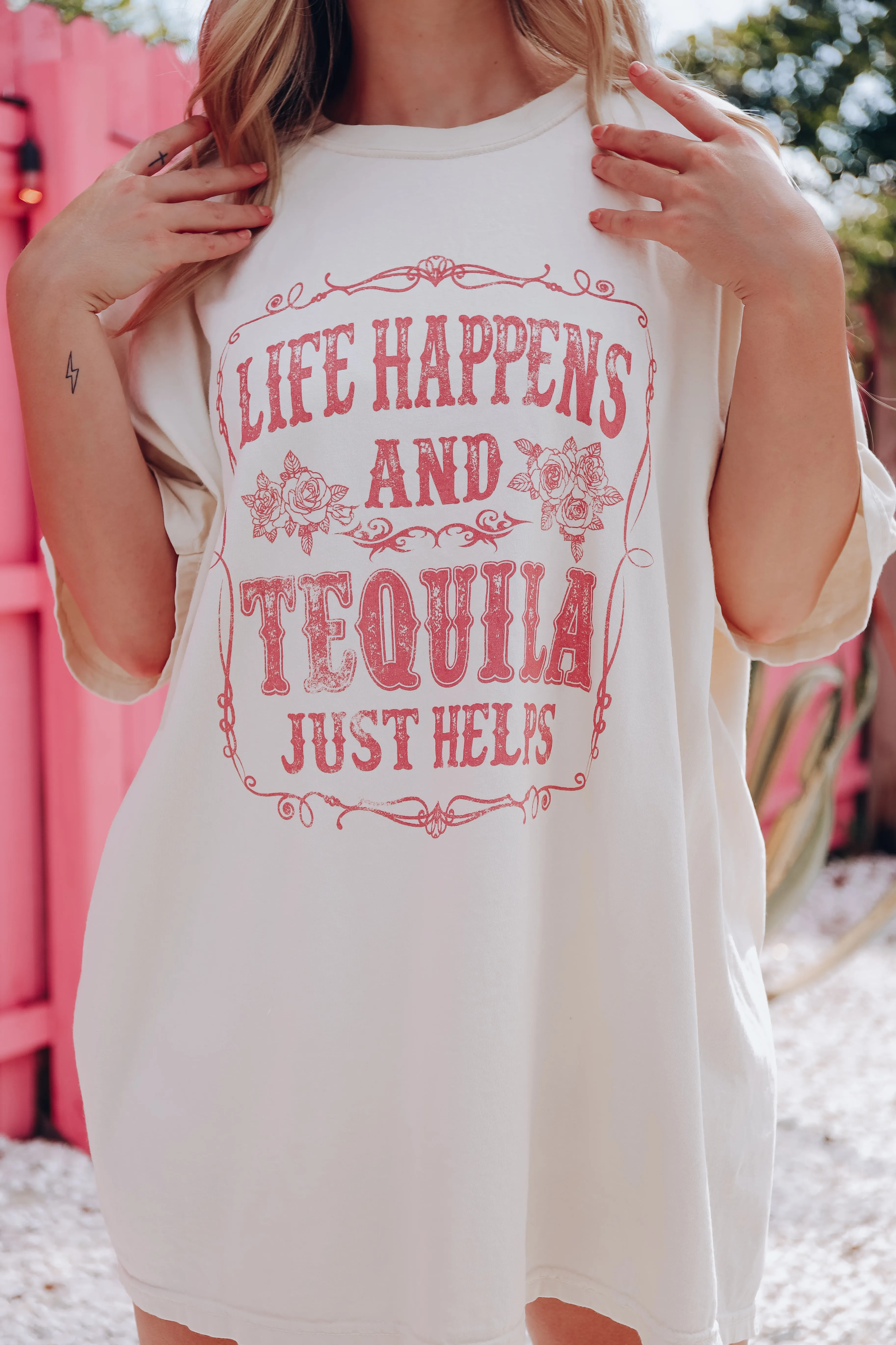Life Happens And Tequila Just Helps Graphic Tee - Ivory