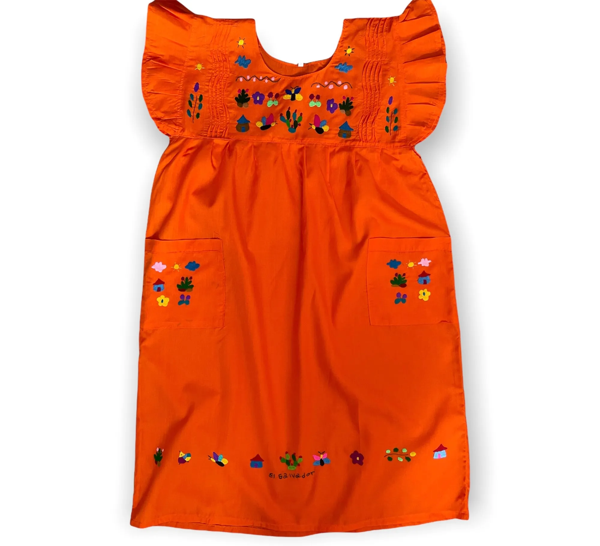 L/XL Orange Traditional Embroidered Dress from El Salvador