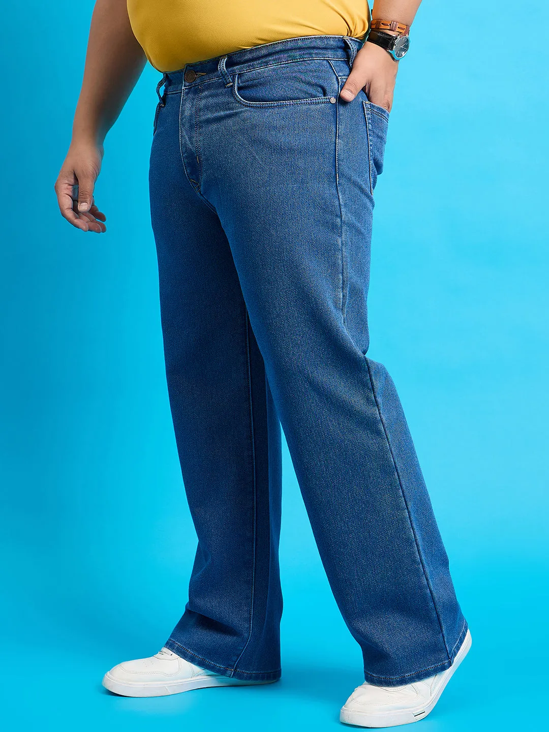 Men Plus Size Scroll-Indigo Blue Solid Jeans