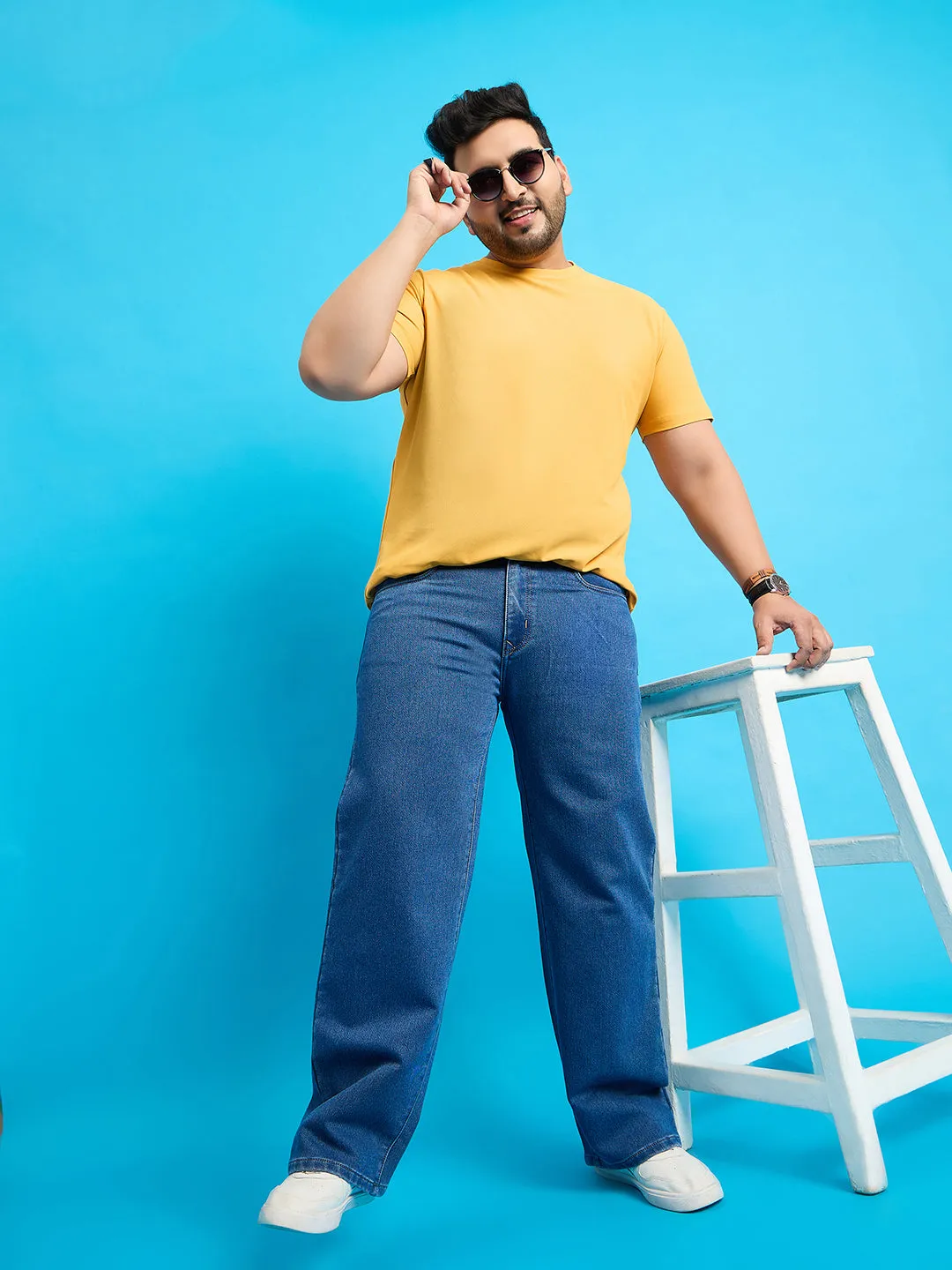Men Plus Size Scroll-Indigo Blue Solid Jeans