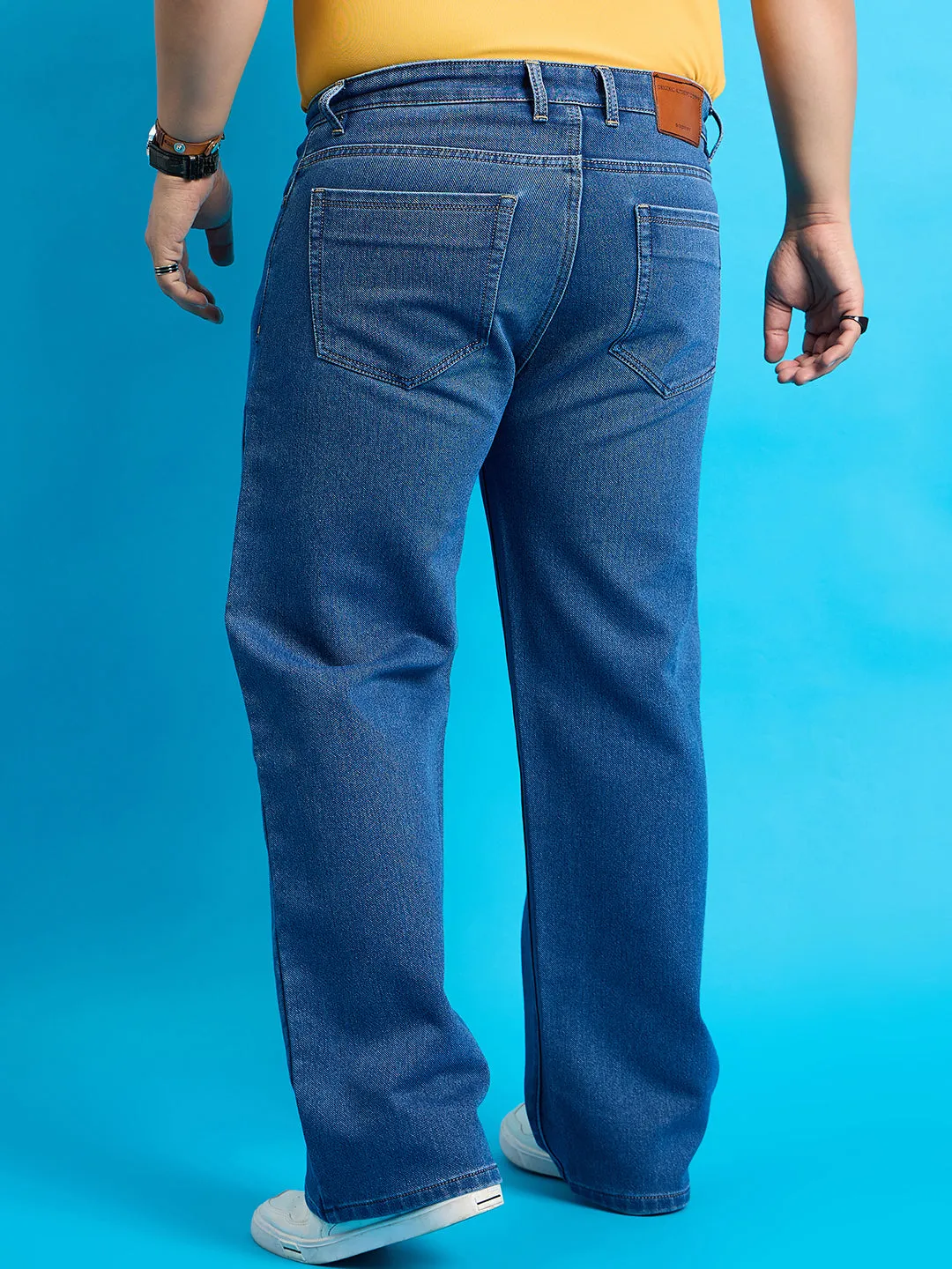 Men Plus Size Scroll-Indigo Blue Solid Jeans