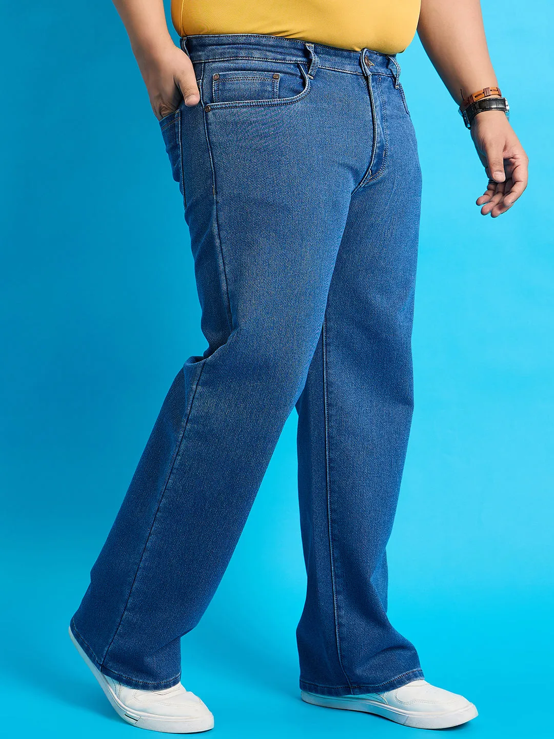 Men Plus Size Scroll-Indigo Blue Solid Jeans