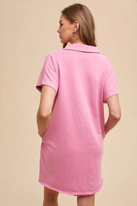 Mineral Washed Johnny Collar Short Sleeve Dress