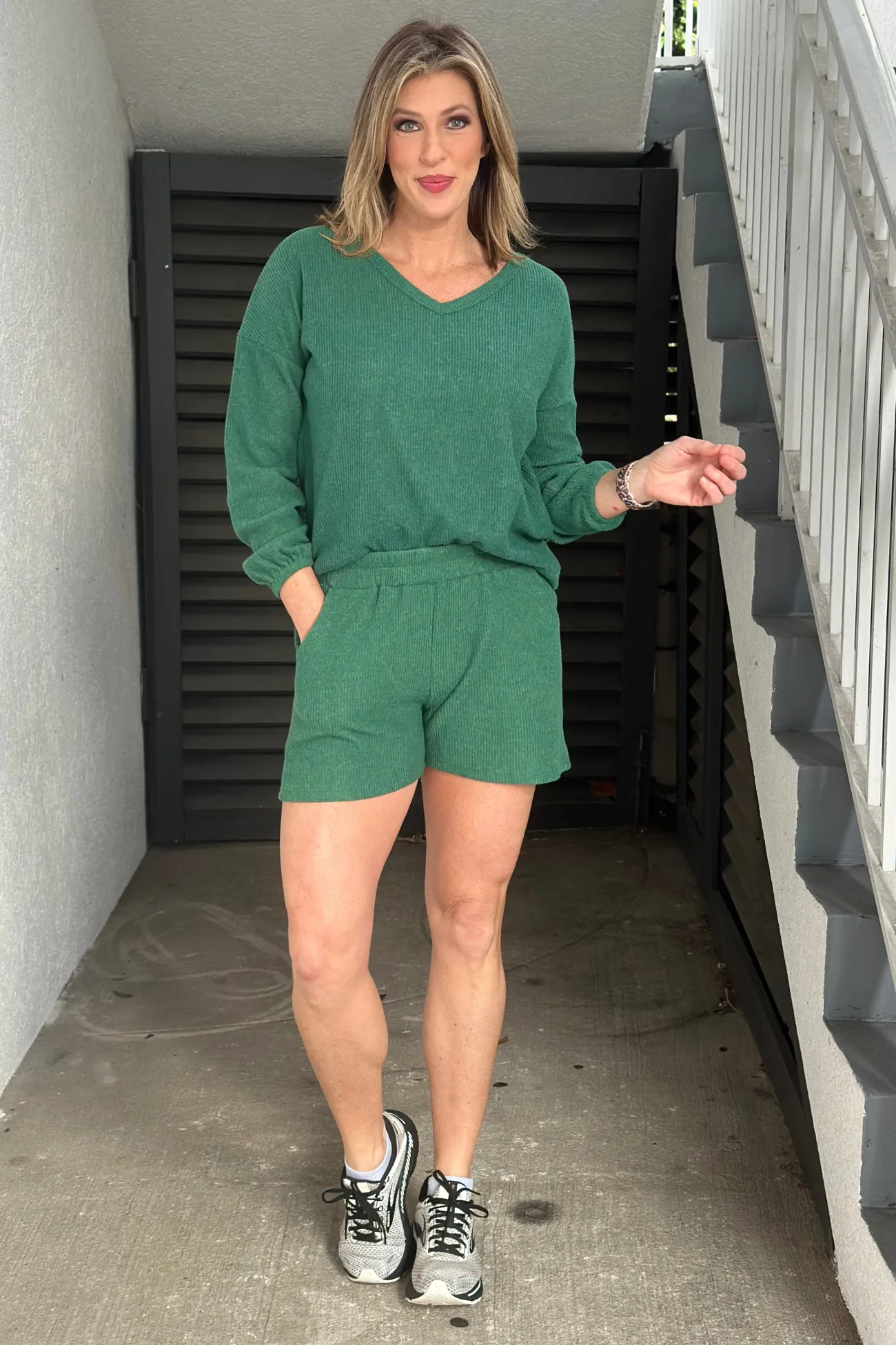 Must Be Love Brushed Ribbed Short Set-Dark Green