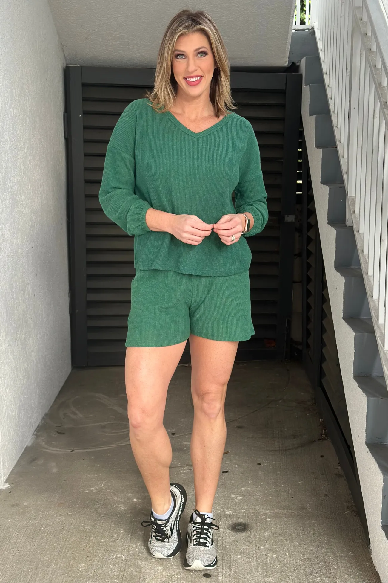 Must Be Love Brushed Ribbed Short Set-Dark Green