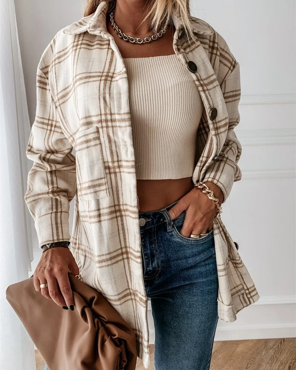 Ode to Cozy Plaid Lightweight Jacket - Beige