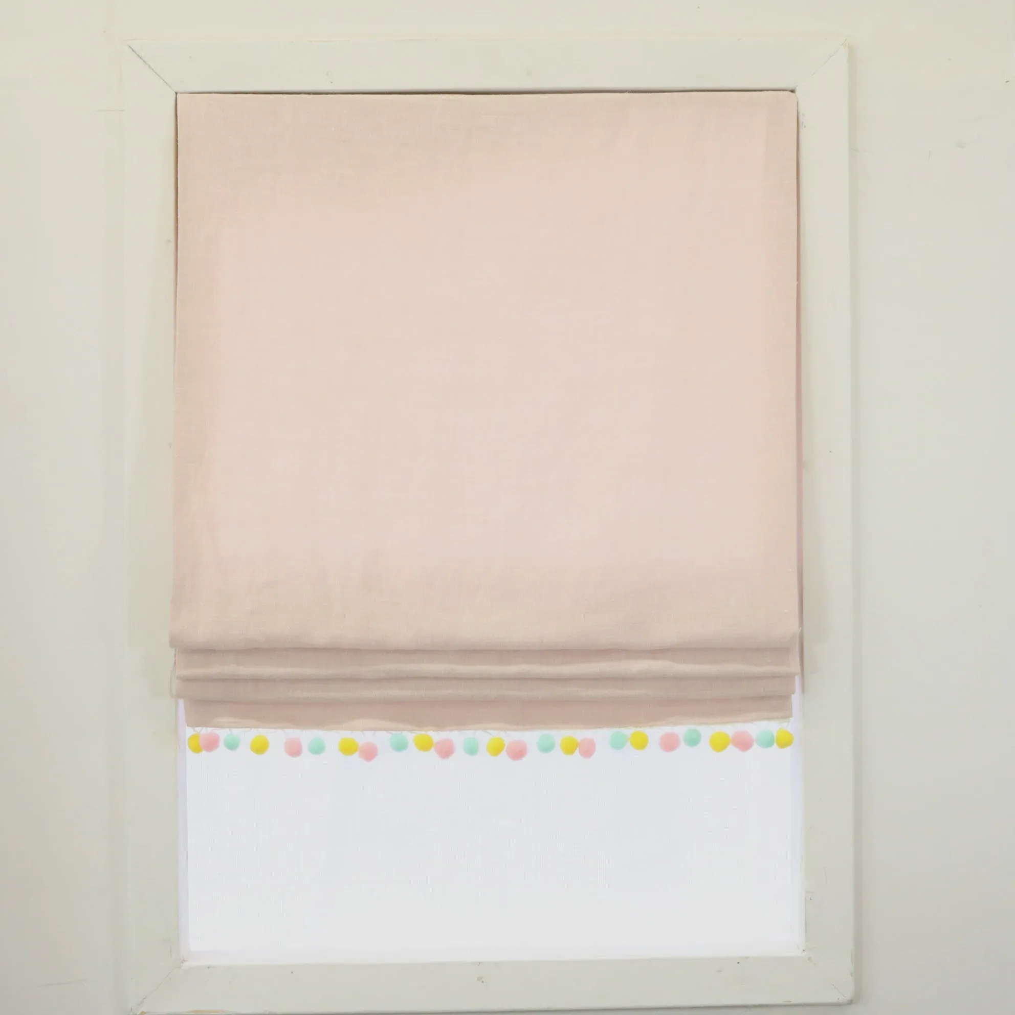 Pink 100% Linen Flat Roman Shades with Multi Pom Pom