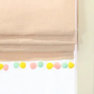 Pink 100% Linen Flat Roman Shades with Multi Pom Pom