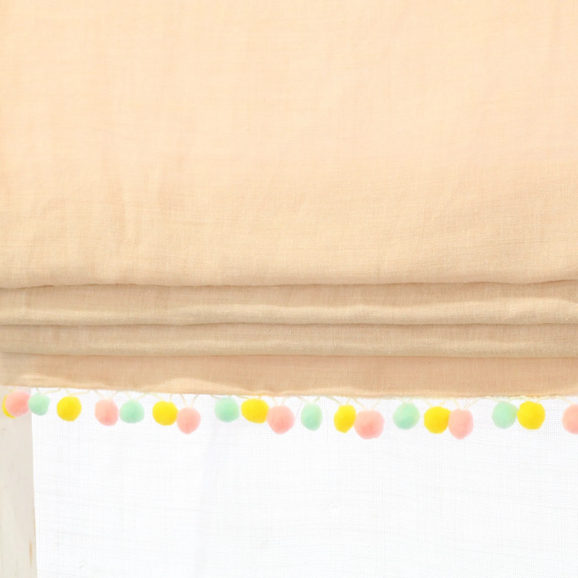 Pink 100% Linen Flat Roman Shades with Multi Pom Pom