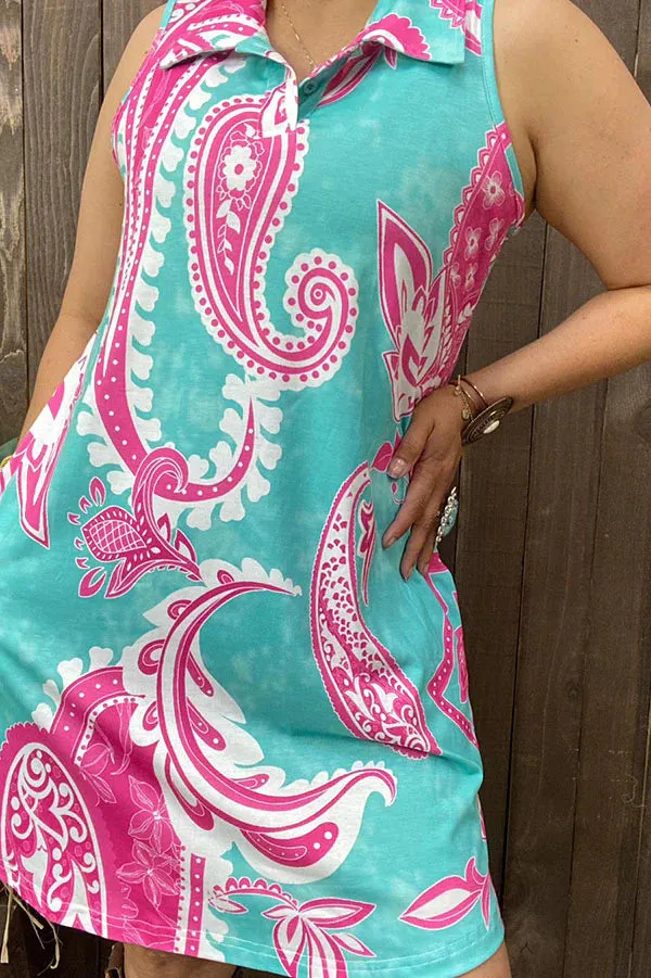 Pink paisley prints sleeveless women dress