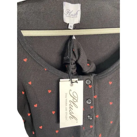 Plush Heart Print Long Sleeve Thermal Shirt and Pants Pajama Set Size XS