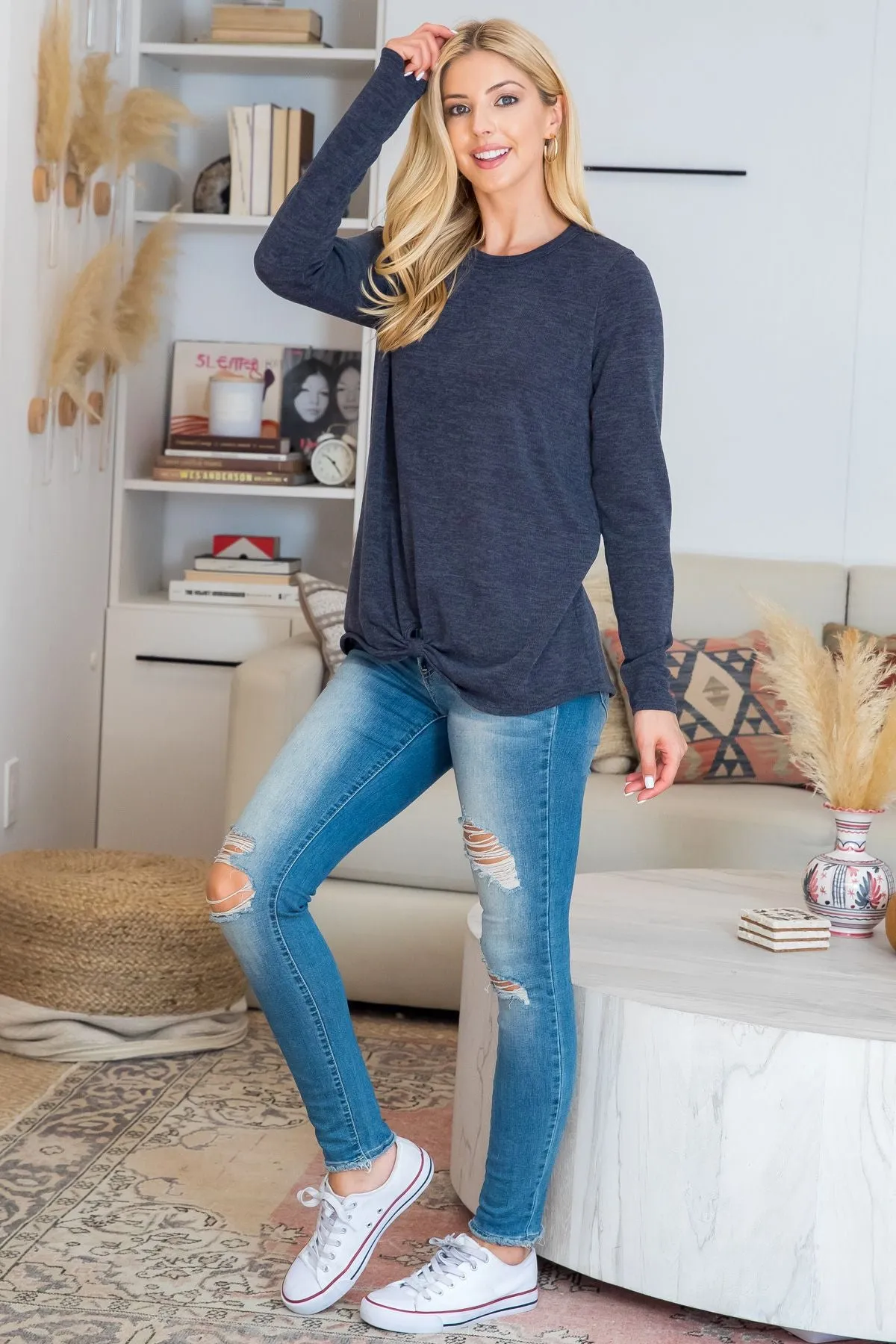 Punch Hole Detail Front Long Sleeve Top
