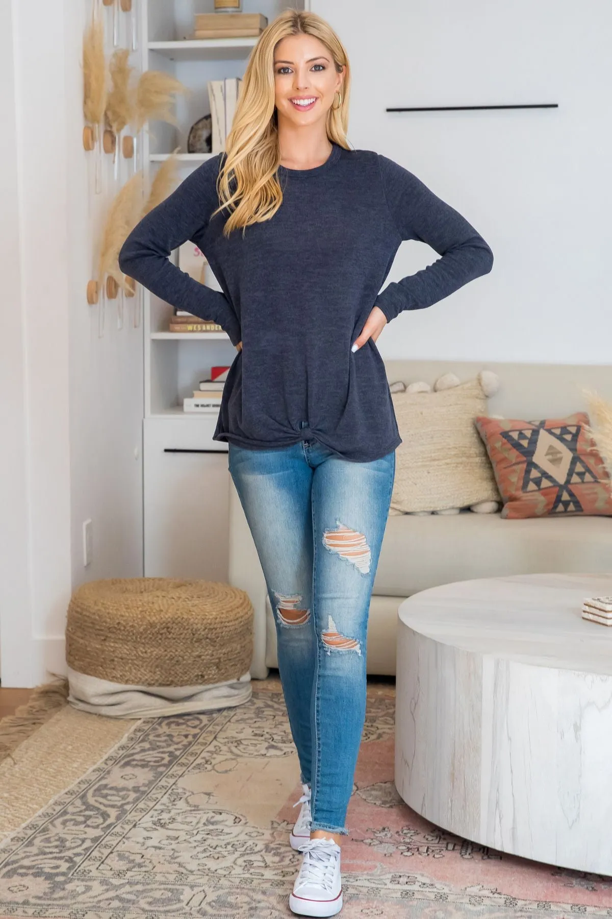 Punch Hole Detail Front Long Sleeve Top