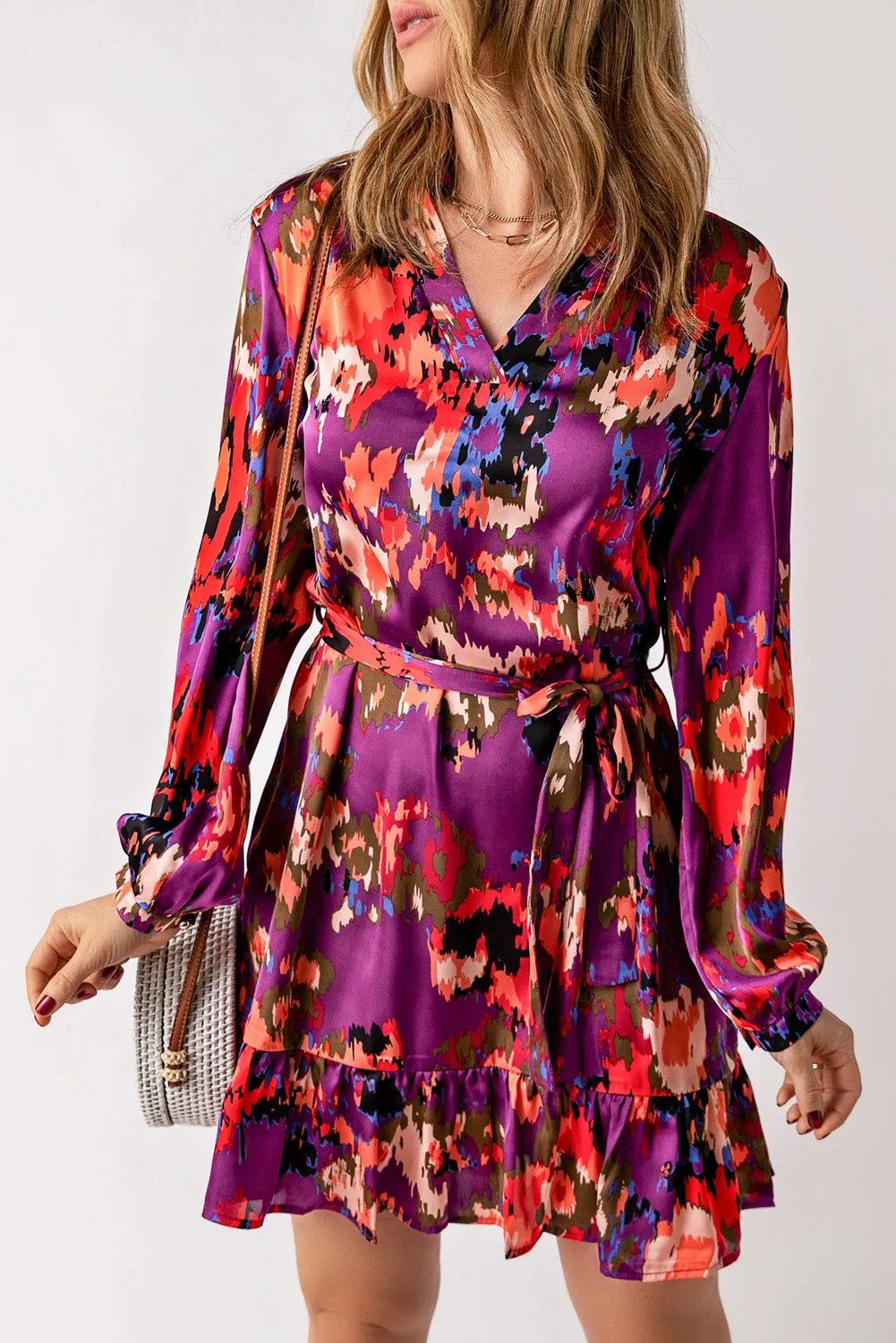 Purple Abstract Print Ruffled Drawstring High Waist Mini Dress