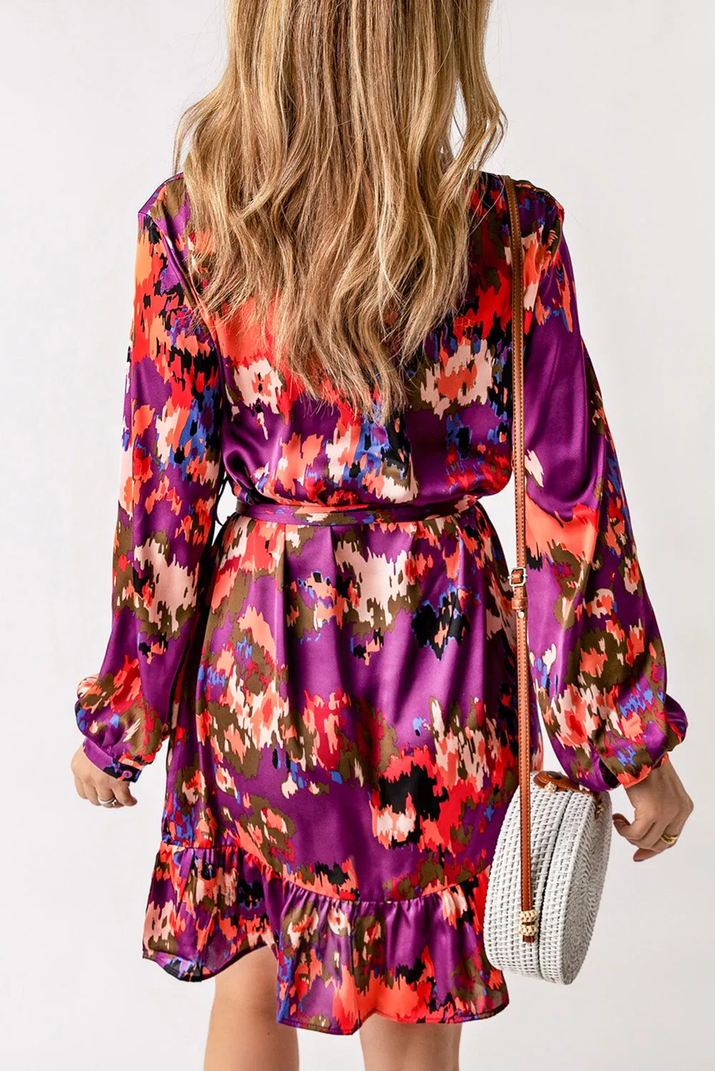 Purple Abstract Print Ruffled Drawstring High Waist Mini Dress