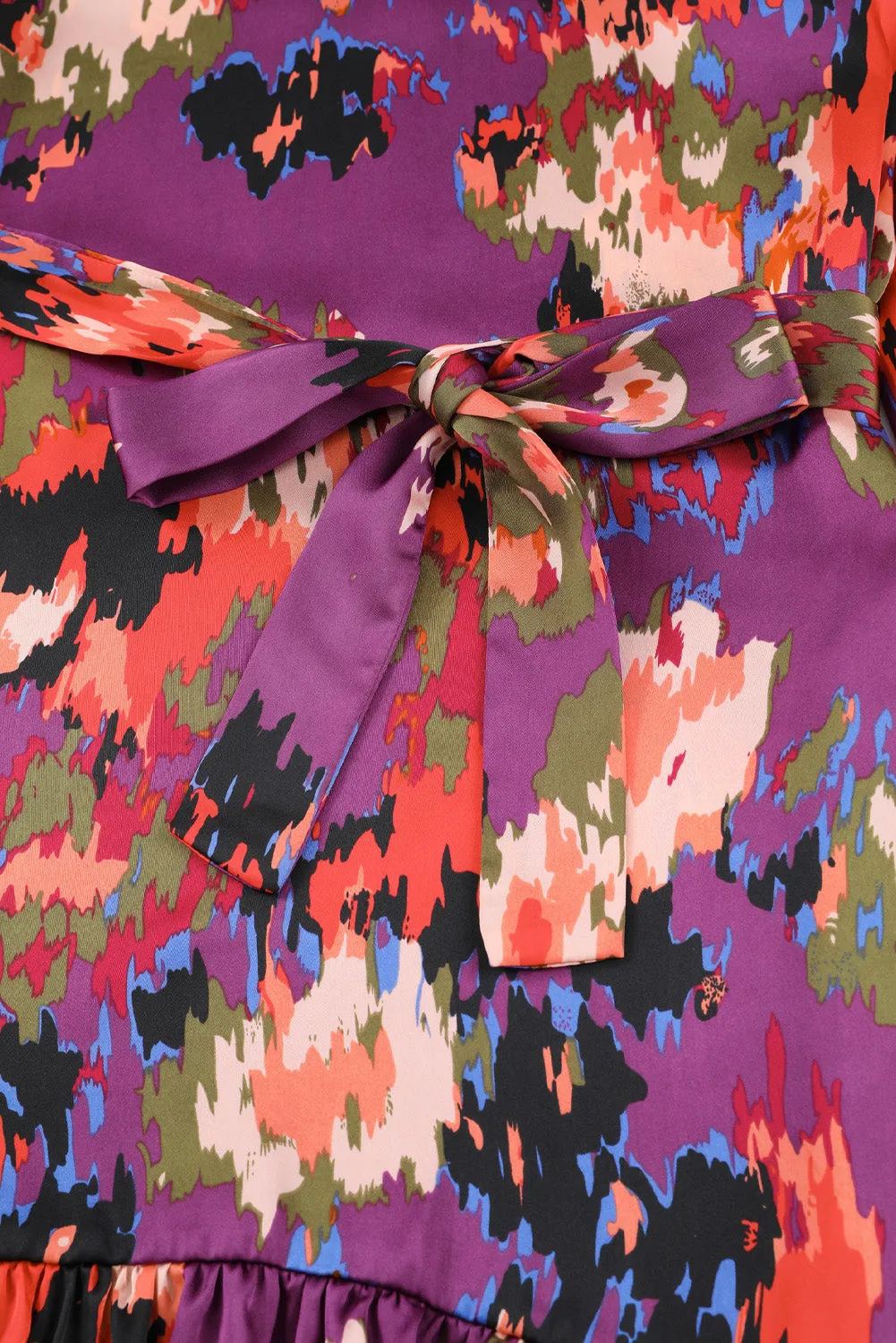 Purple Abstract Print Ruffled Drawstring High Waist Mini Dress