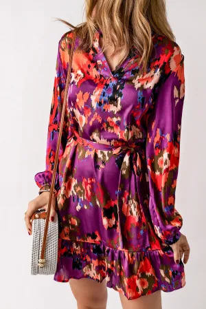 Purple Abstract Print Ruffled Drawstring High Waist Mini Dress