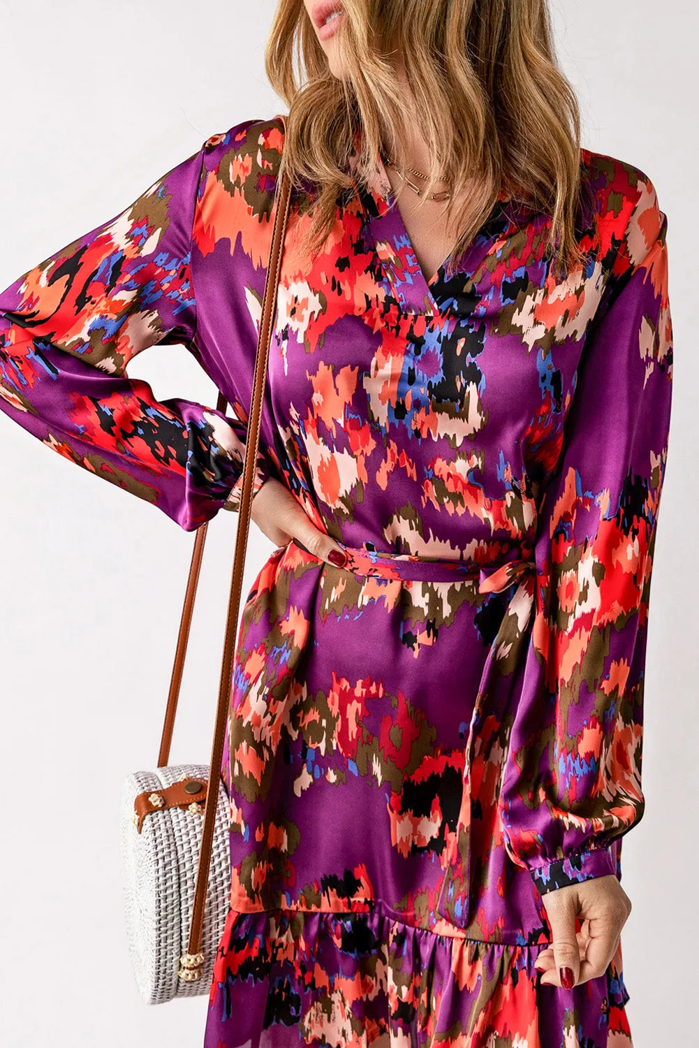 Purple Abstract Print Ruffled Drawstring High Waist Mini Dress