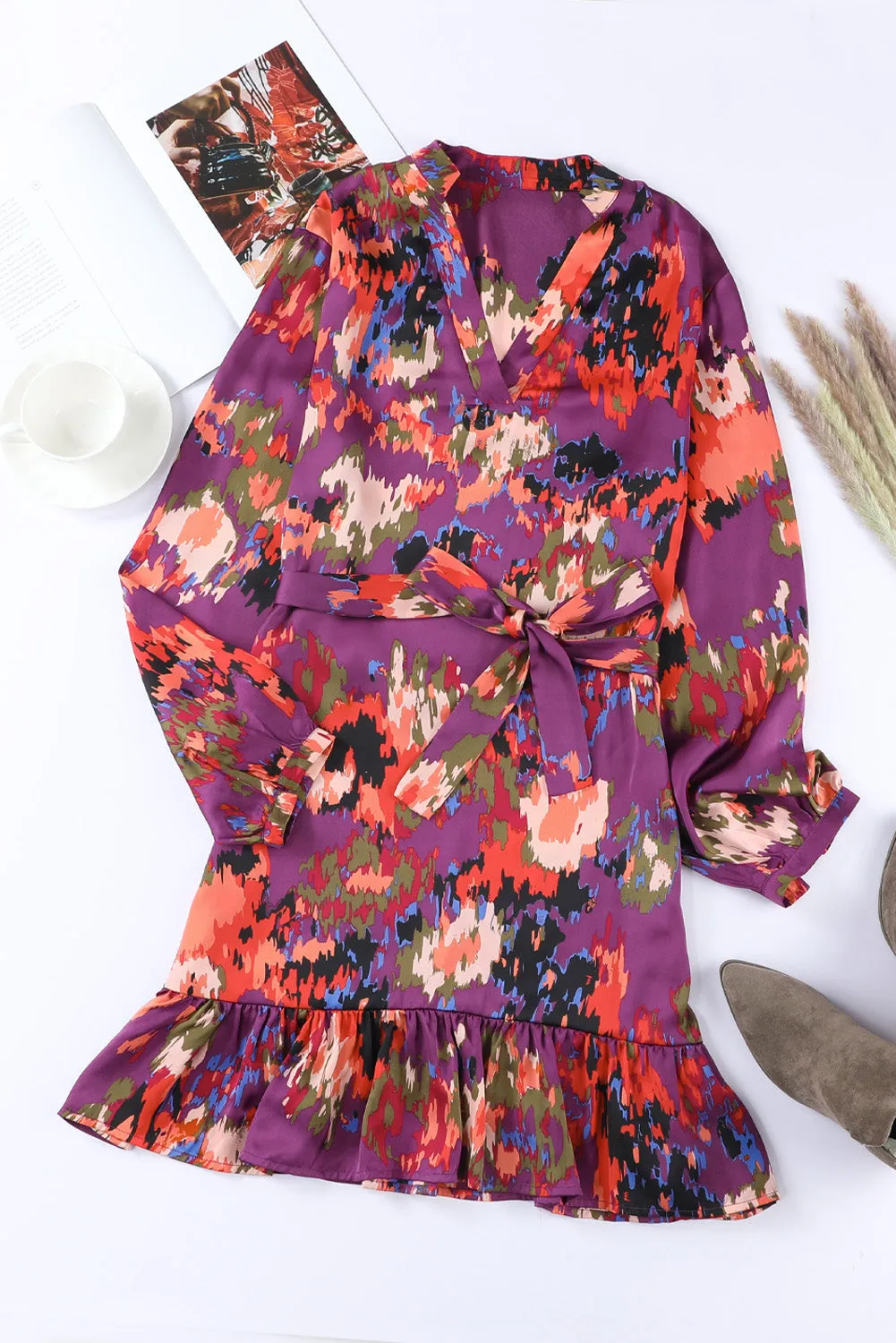Purple Abstract Print Ruffled Drawstring High Waist Mini Dress