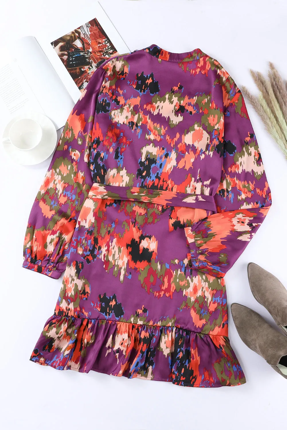 Purple Abstract Print Ruffled Drawstring High Waist Mini Dress