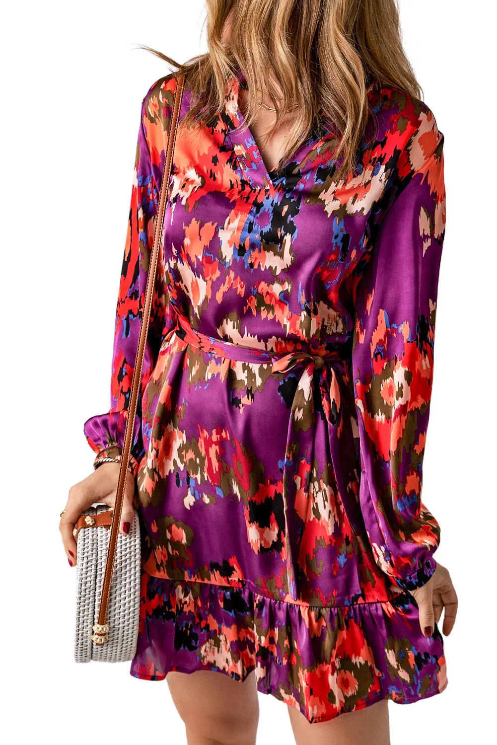 Purple Abstract Print Ruffled Drawstring High Waist Mini Dress