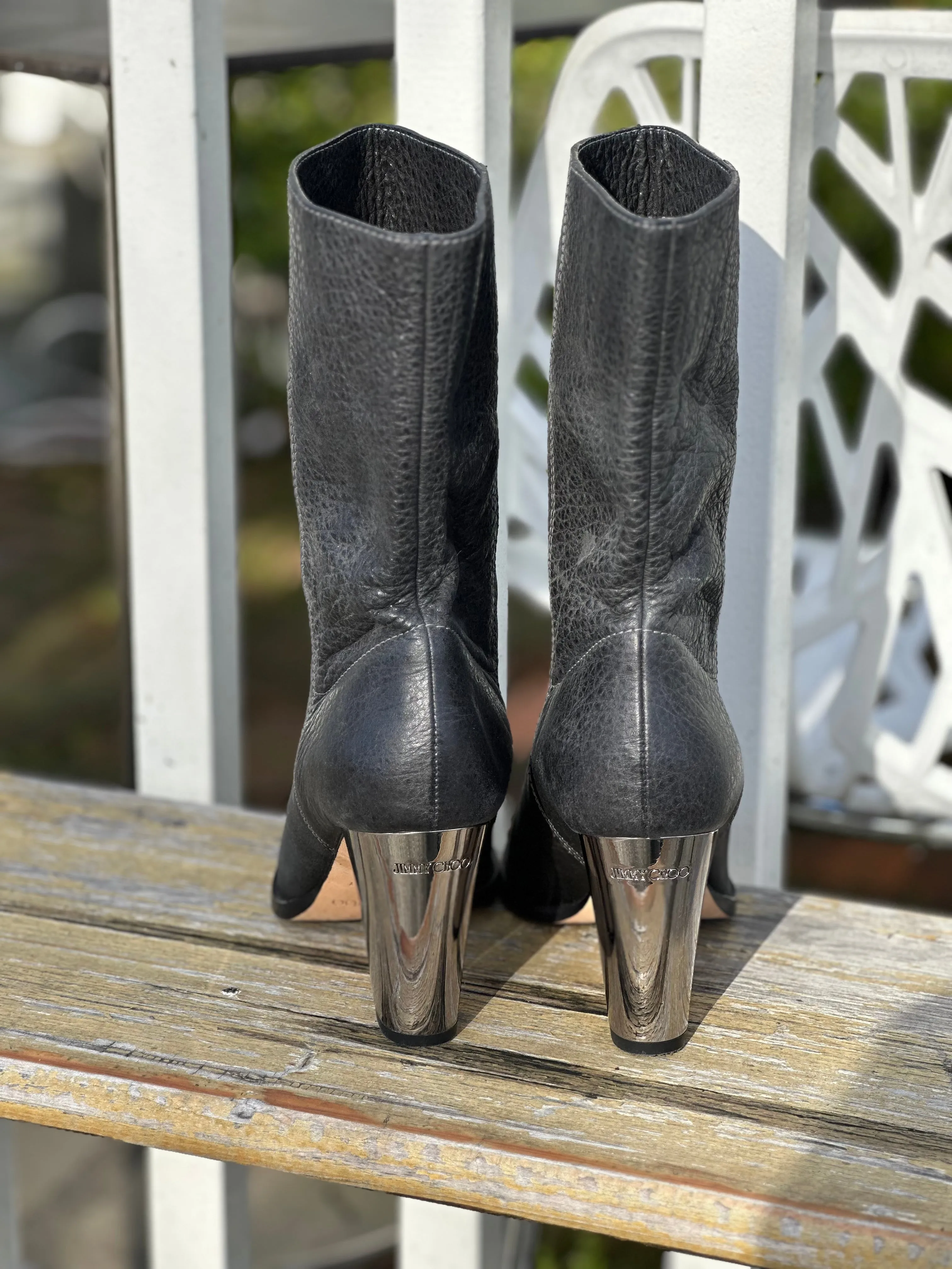 Resale Deals Black Jimmy Choo Music Silver-Heel Mid-Calf Boot Boots 7/7.5