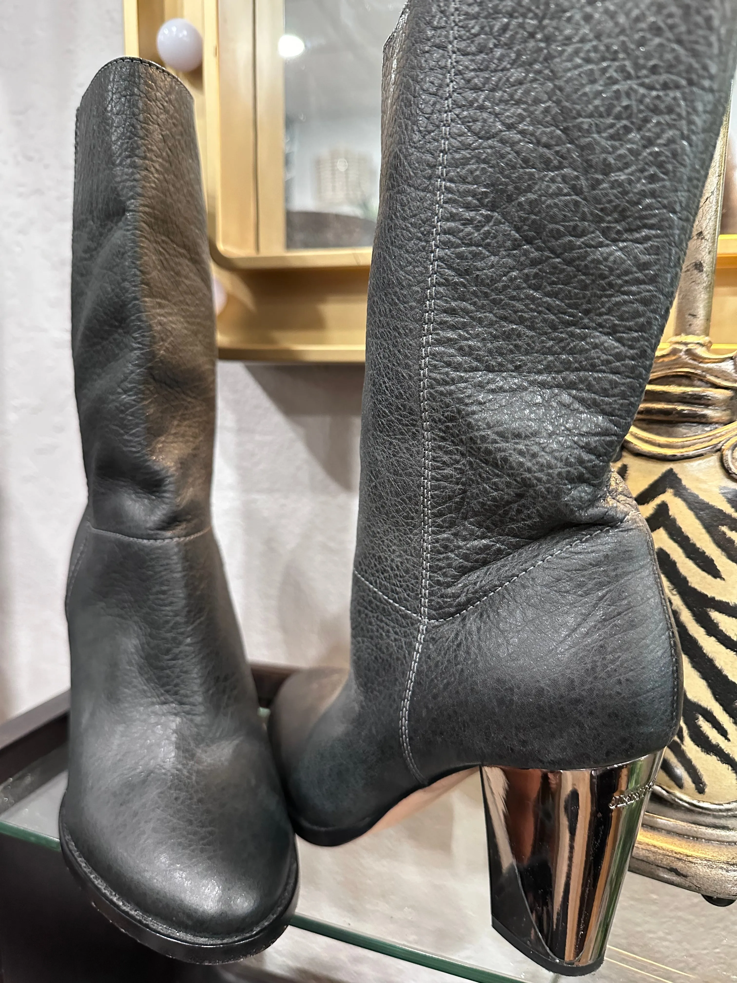 Resale Deals Black Jimmy Choo Music Silver-Heel Mid-Calf Boot Boots 7/7.5