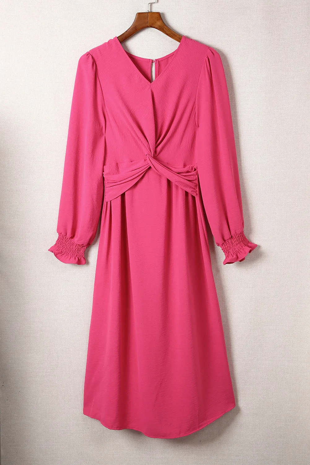 Rose Twist Front Keyhole Back V Neck Midi Dress