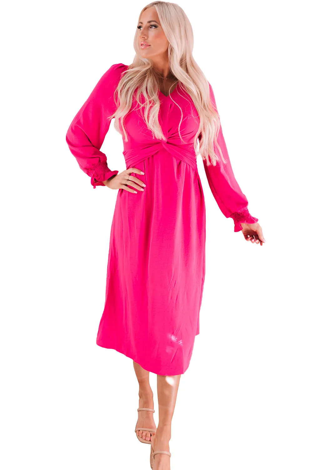 Rose Twist Front Keyhole Back V Neck Midi Dress