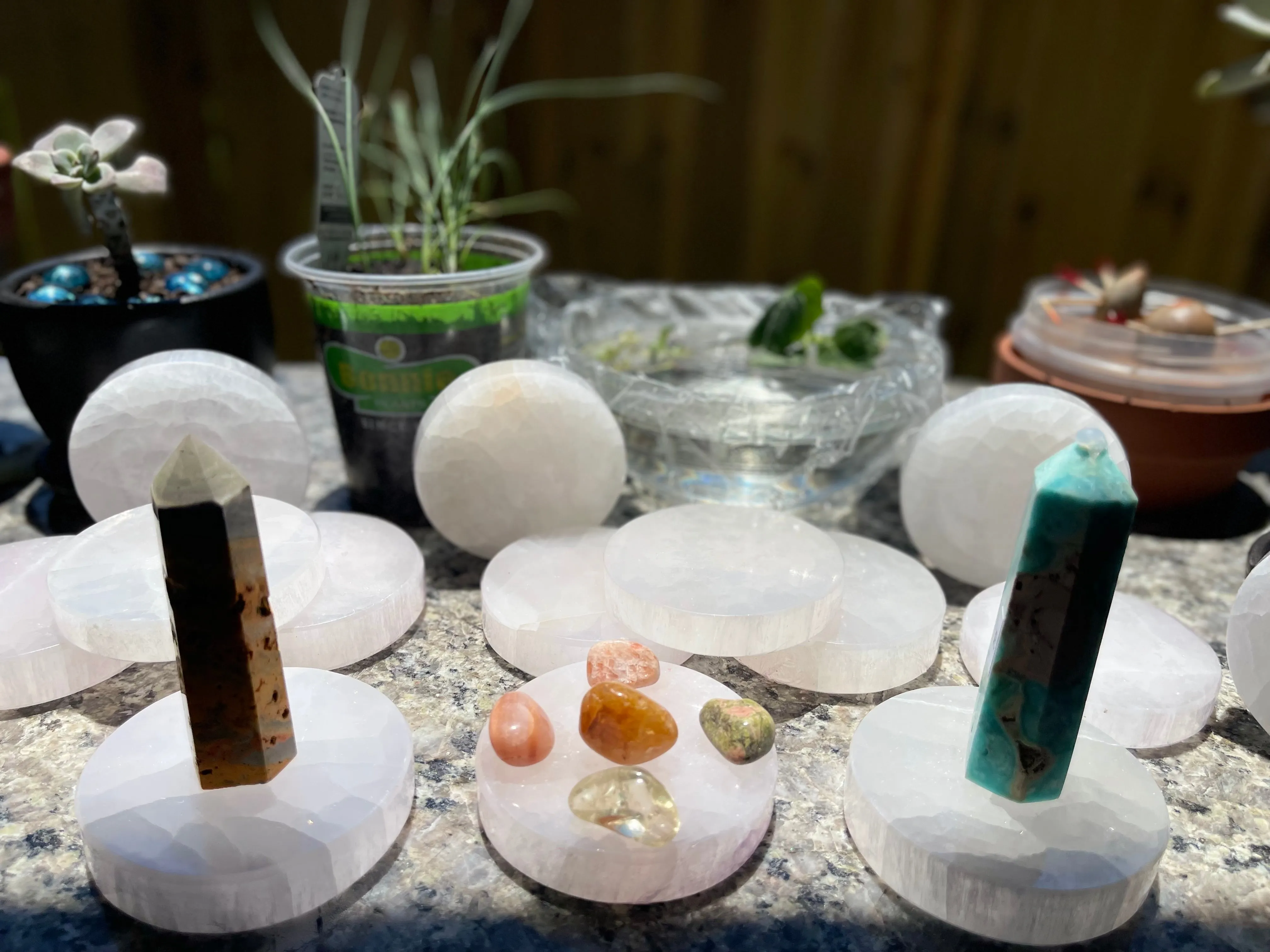 Selenite Etched Round Charging Plates / Bases for crystal grids and display FB1488