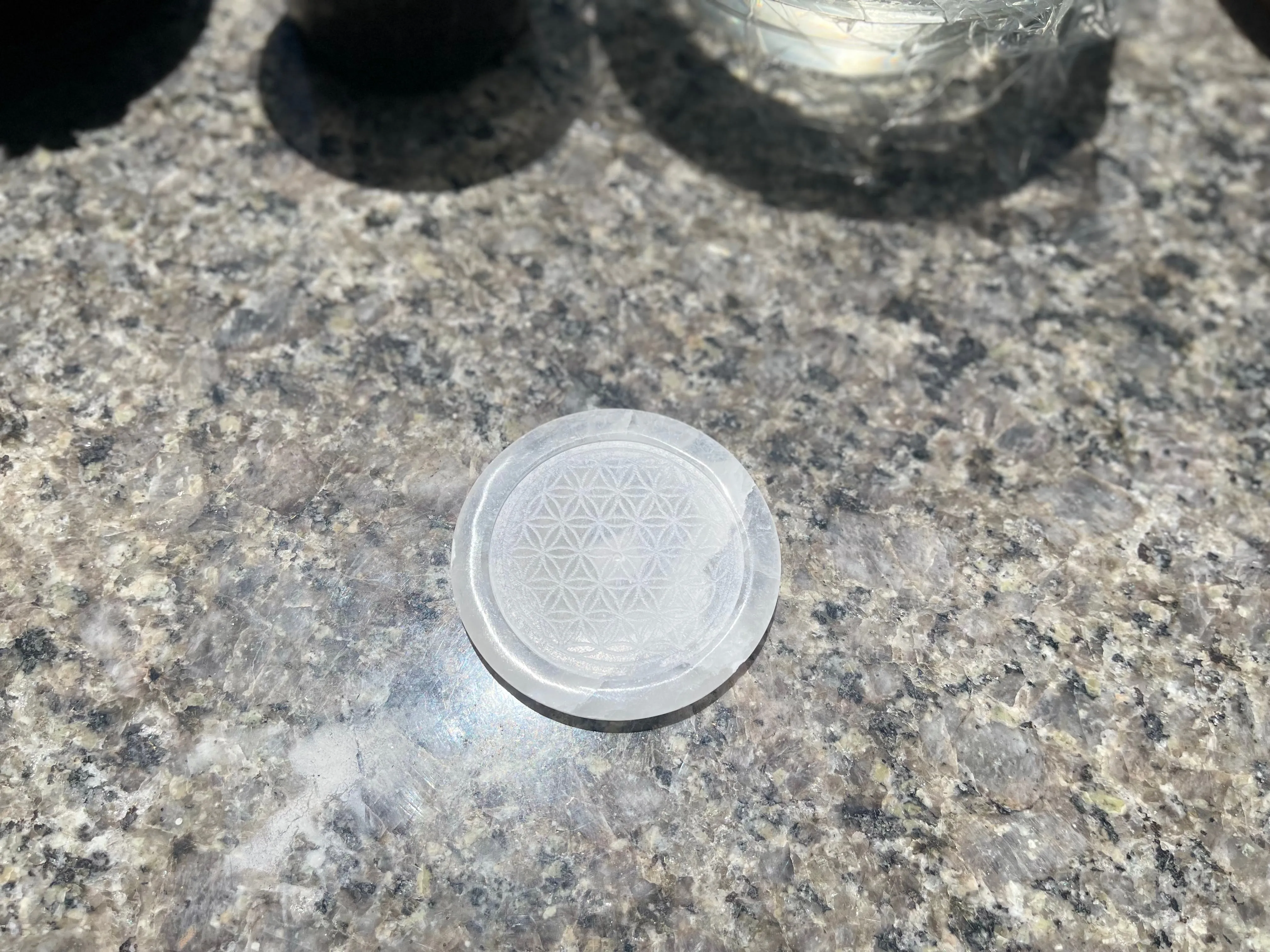 Selenite Etched Round Charging Plates / Bases for crystal grids and display FB1488