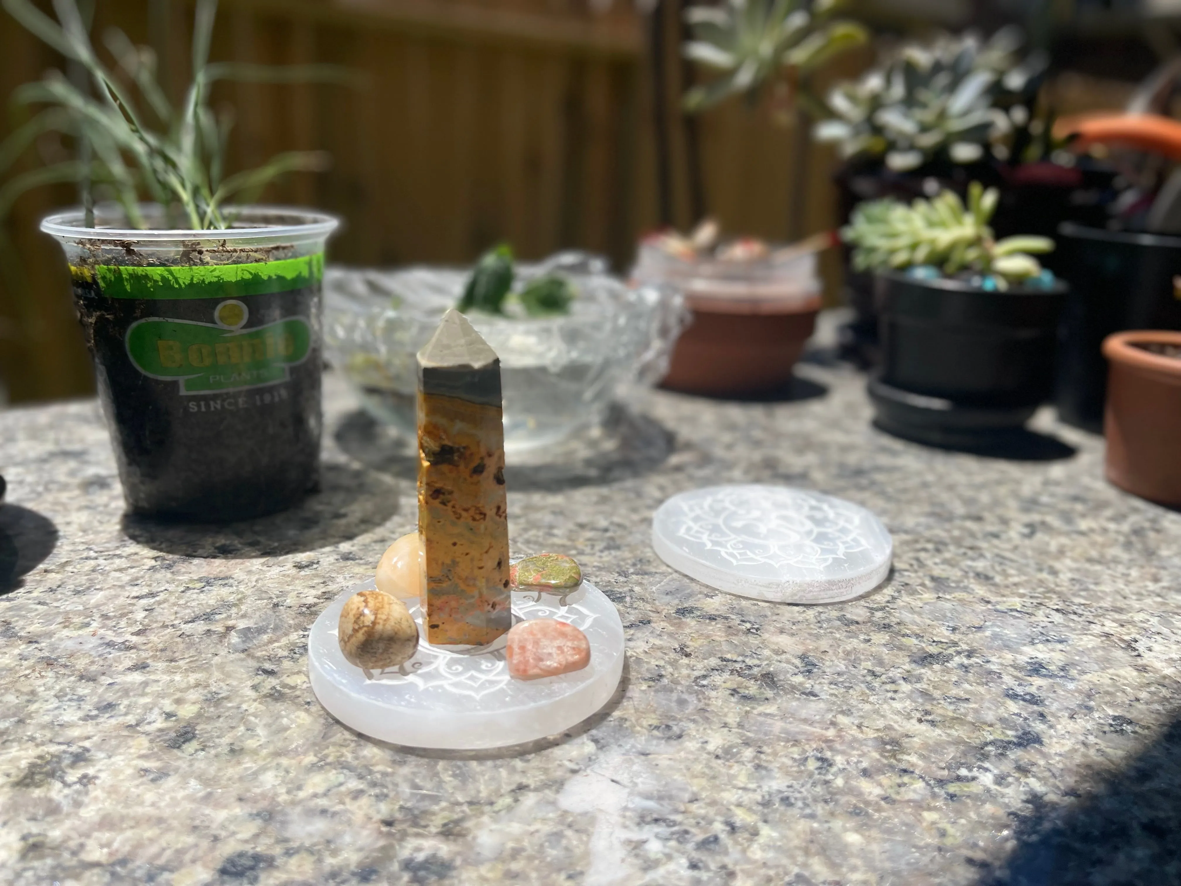 Selenite Etched Round Charging Plates / Bases for crystal grids and display FB1488