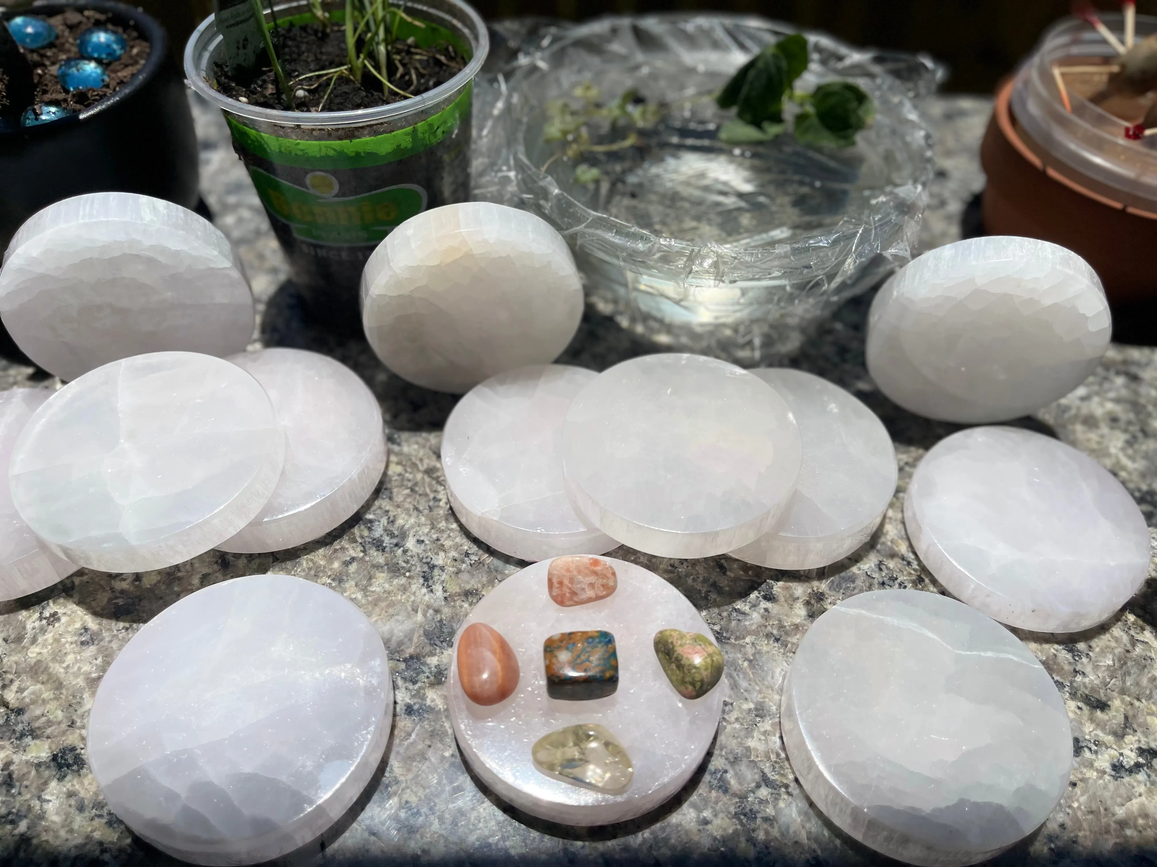 Selenite Etched Round Charging Plates / Bases for crystal grids and display FB1488