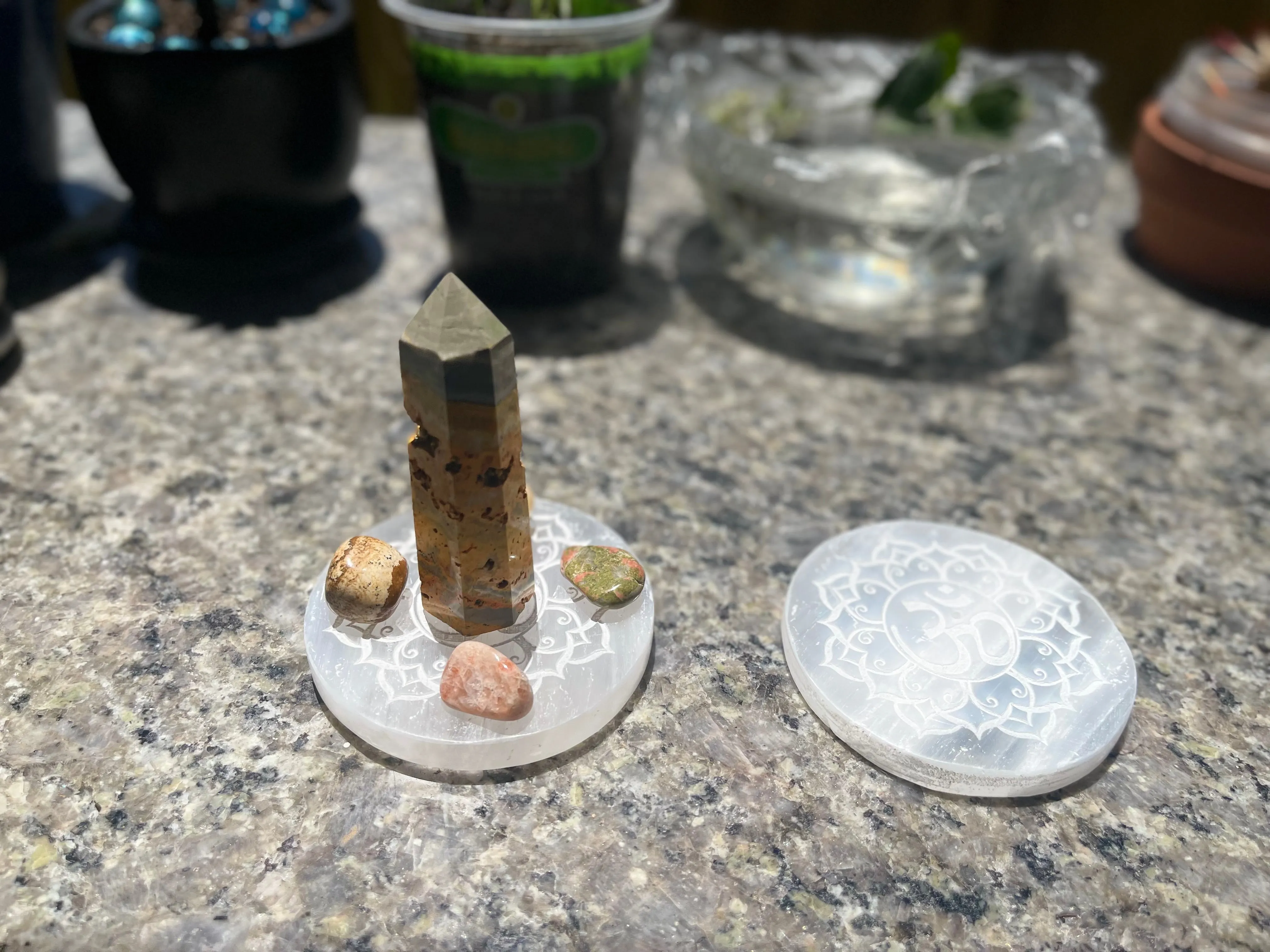 Selenite Etched Round Charging Plates / Bases for crystal grids and display FB1488