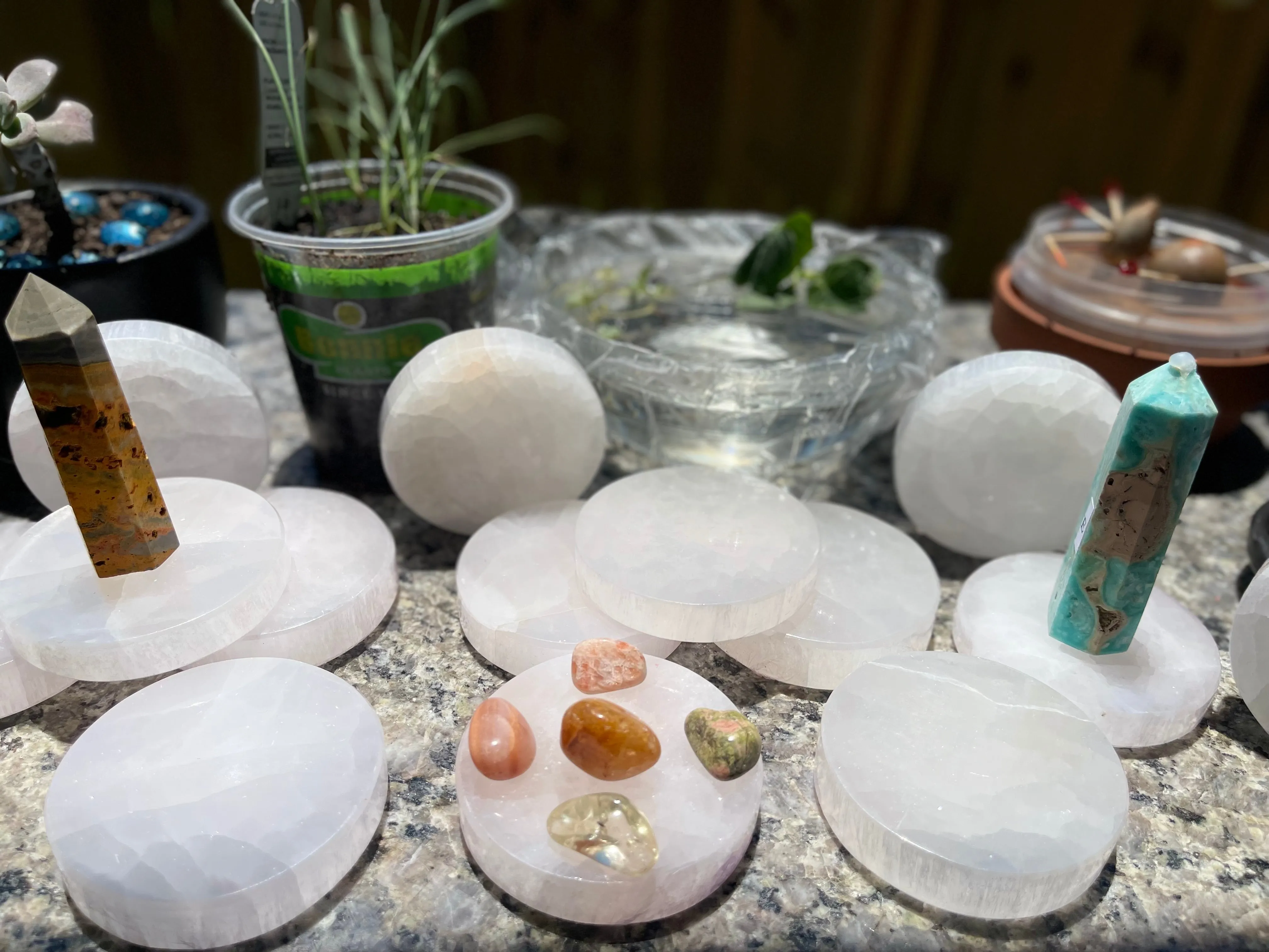 Selenite Etched Round Charging Plates / Bases for crystal grids and display FB1488
