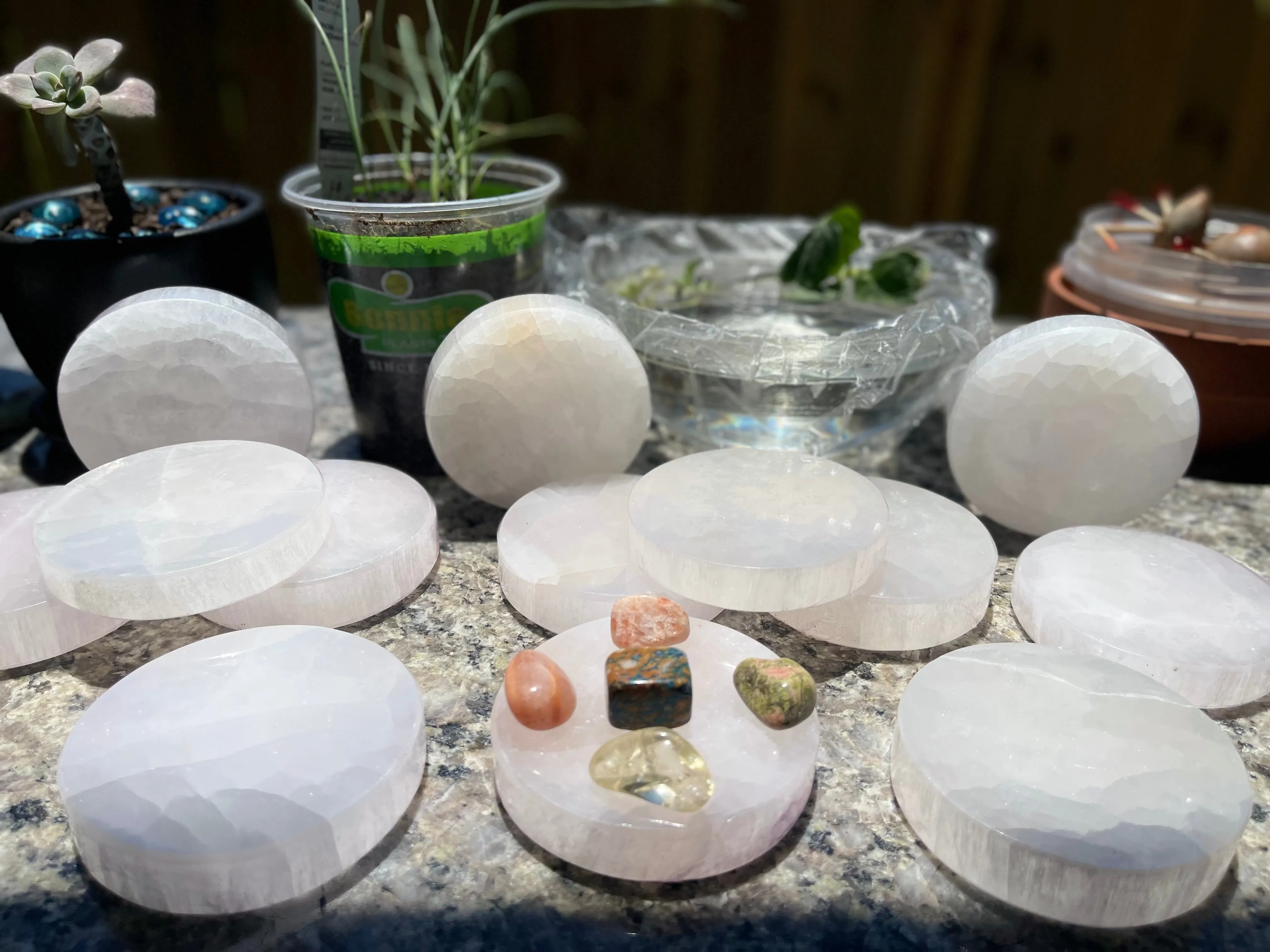 Selenite Etched Round Charging Plates / Bases for crystal grids and display FB1488