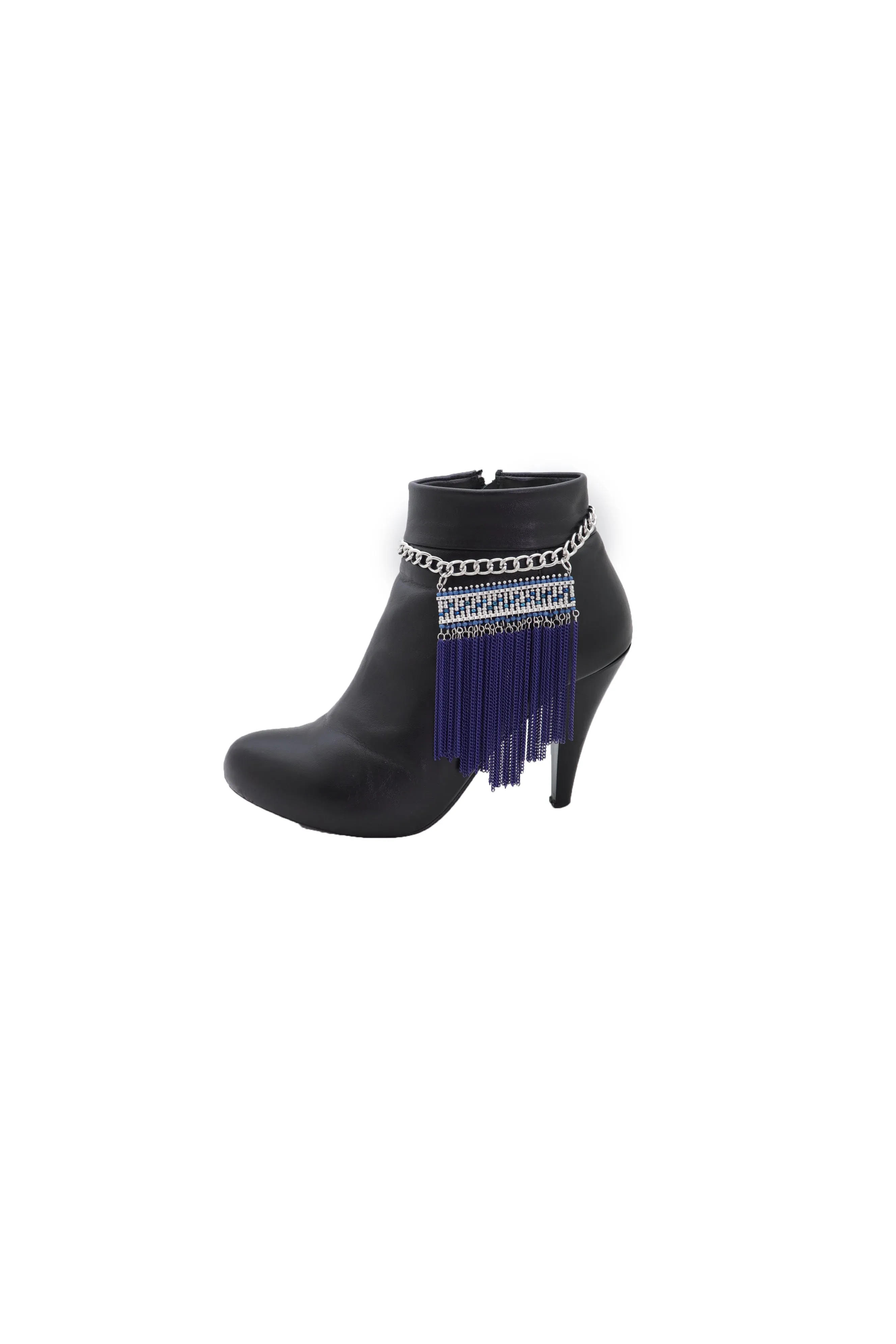 Silver Metal Chain Boot Bracelet Shoe Blue Tassel Beads Ethnic Charm Bling