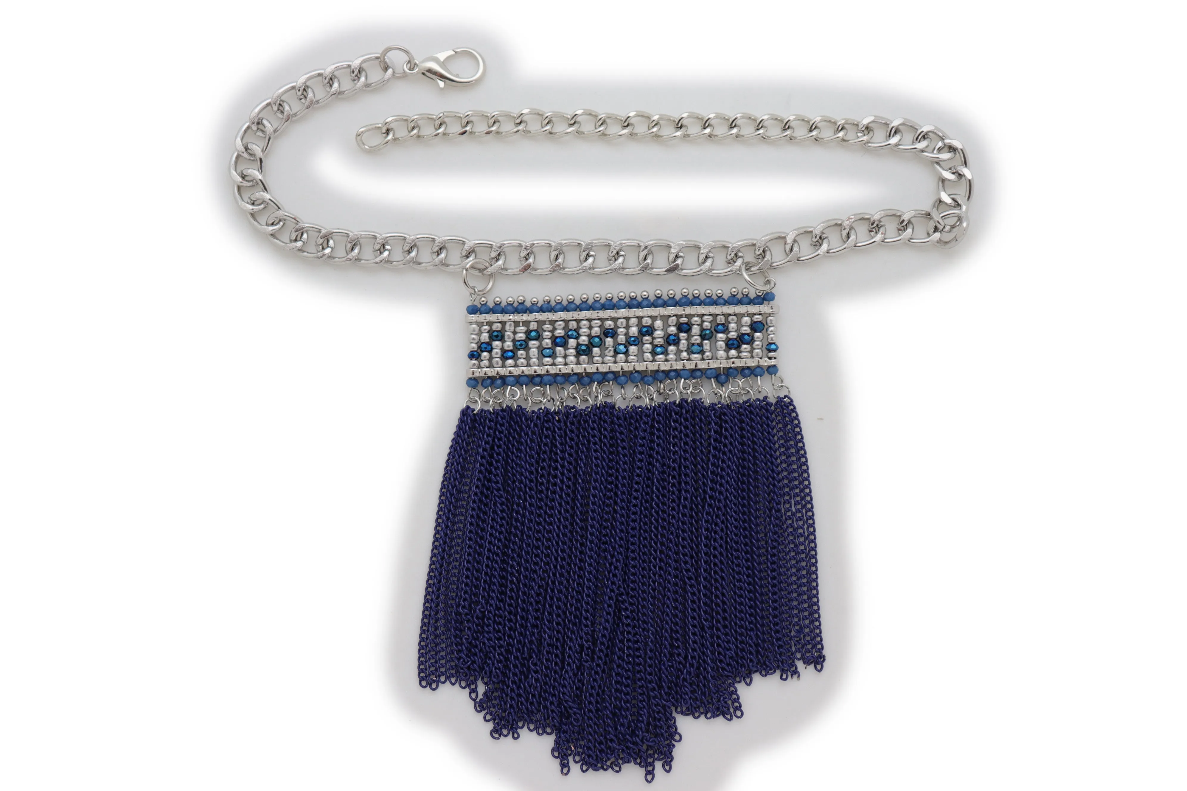 Silver Metal Chain Boot Bracelet Shoe Blue Tassel Beads Ethnic Charm Bling