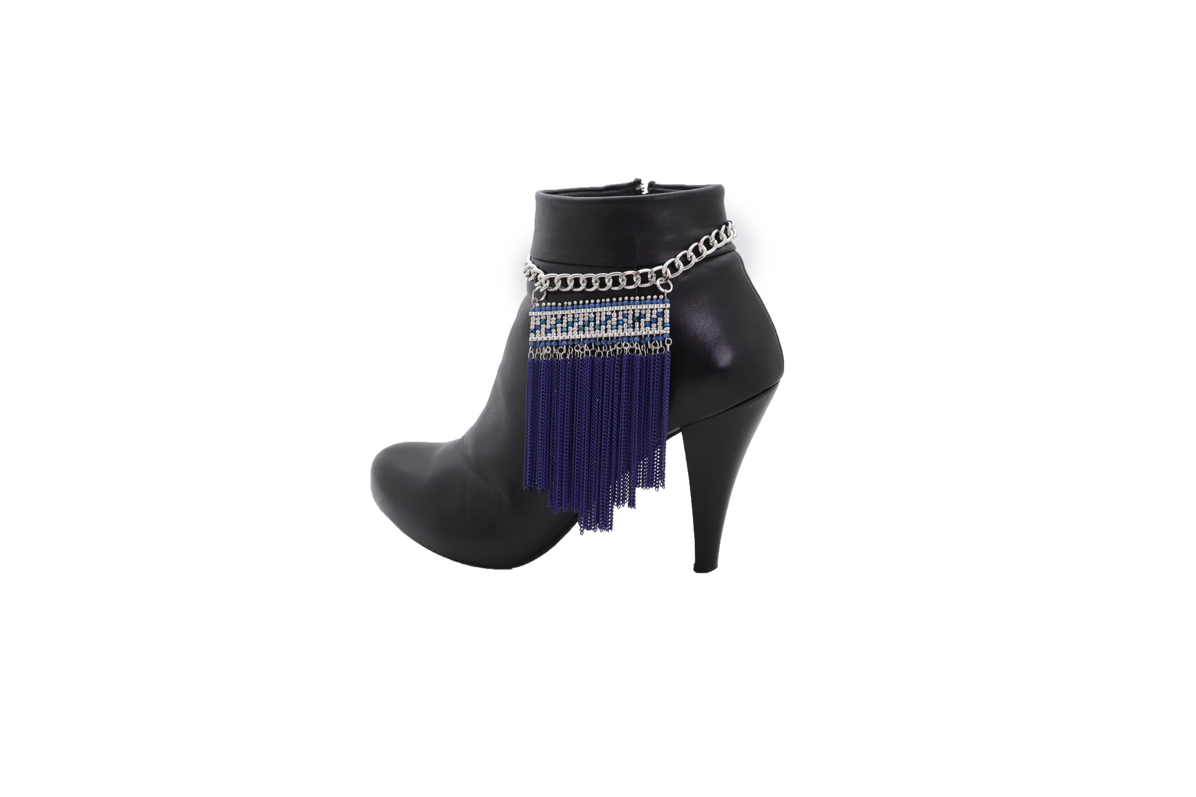 Silver Metal Chain Boot Bracelet Shoe Blue Tassel Beads Ethnic Charm Bling