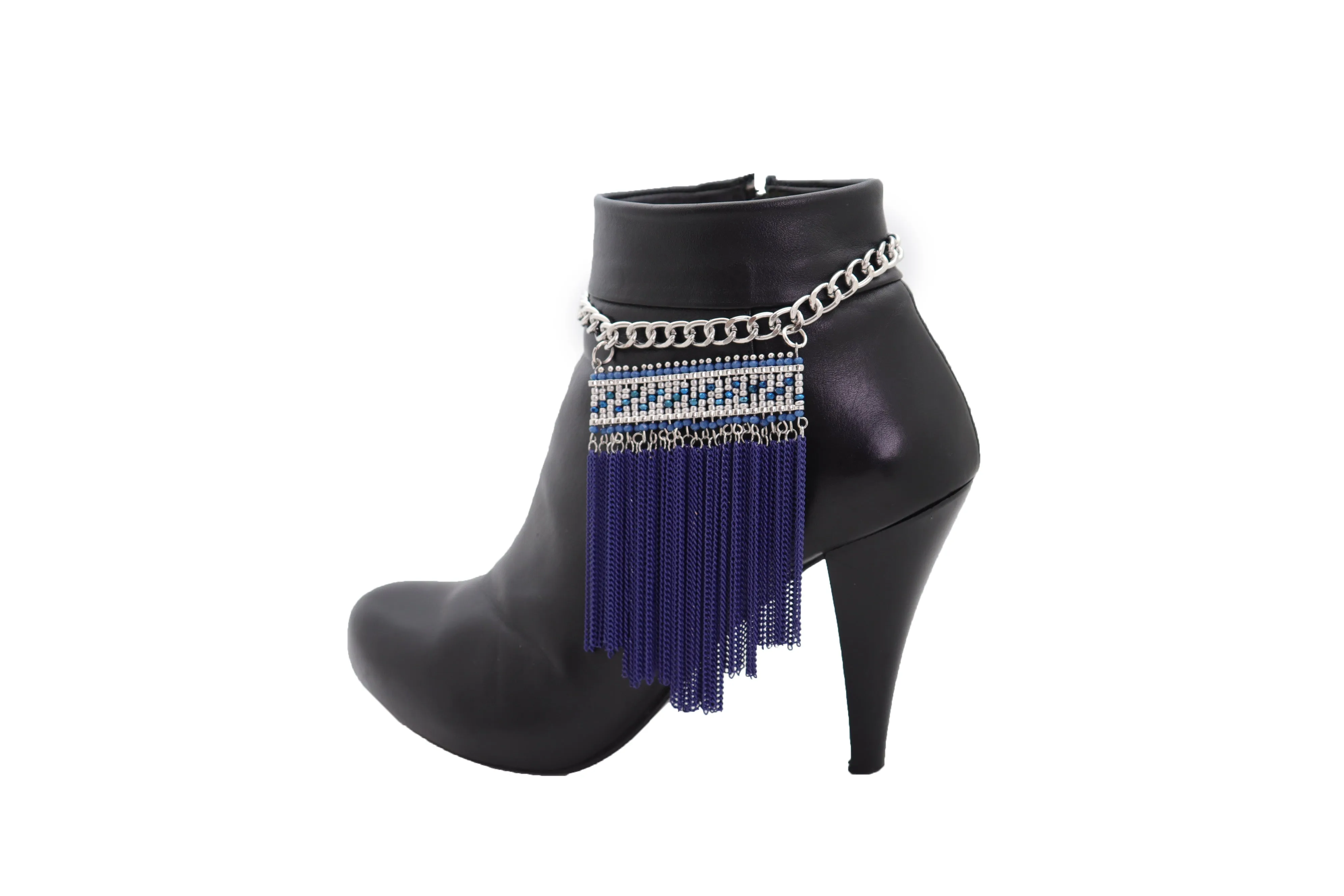 Silver Metal Chain Boot Bracelet Shoe Blue Tassel Beads Ethnic Charm Bling