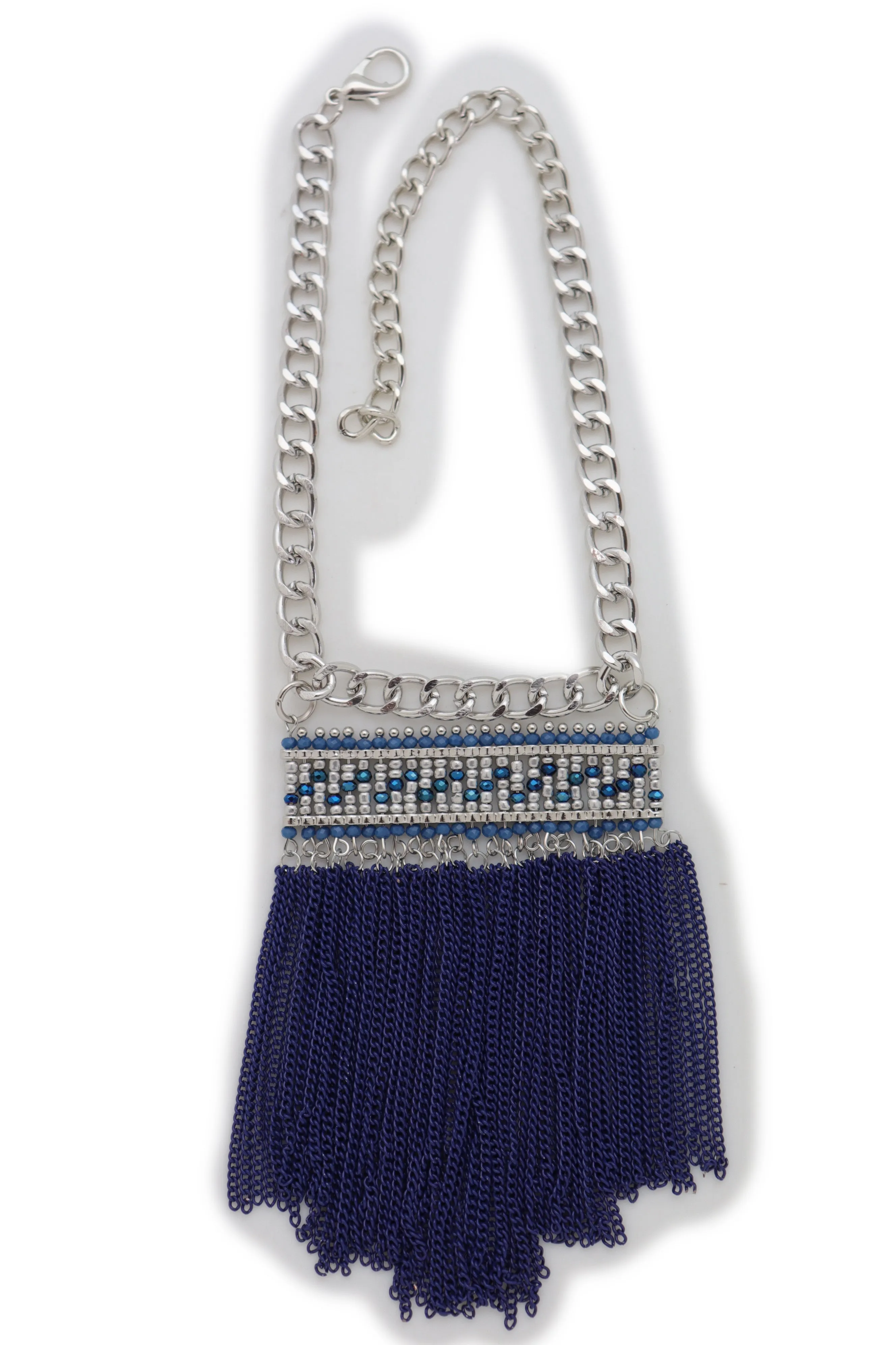 Silver Metal Chain Boot Bracelet Shoe Blue Tassel Beads Ethnic Charm Bling